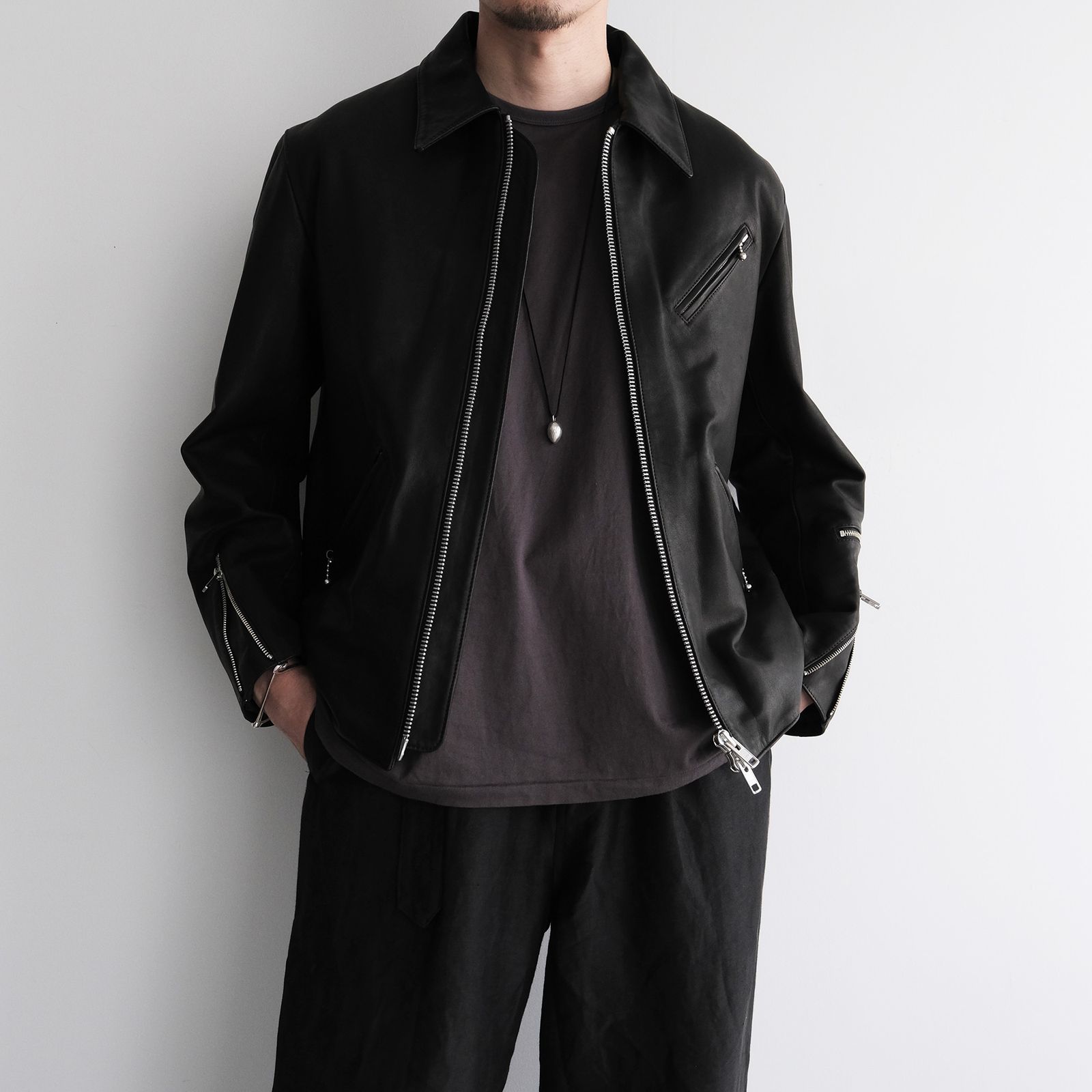 Front Zip Riders Jacket -ライダースジャケット-（Black / Lining Brown）