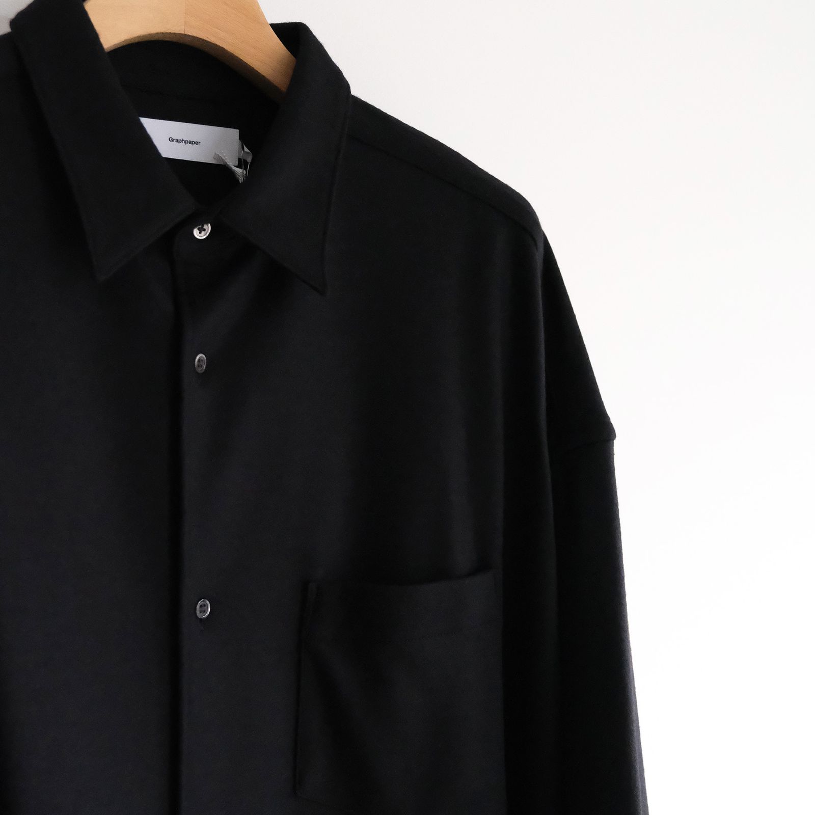 Wool Smooth Flannel Oversized Regular Collar Shirt -シャツ-（Black / ブラック）