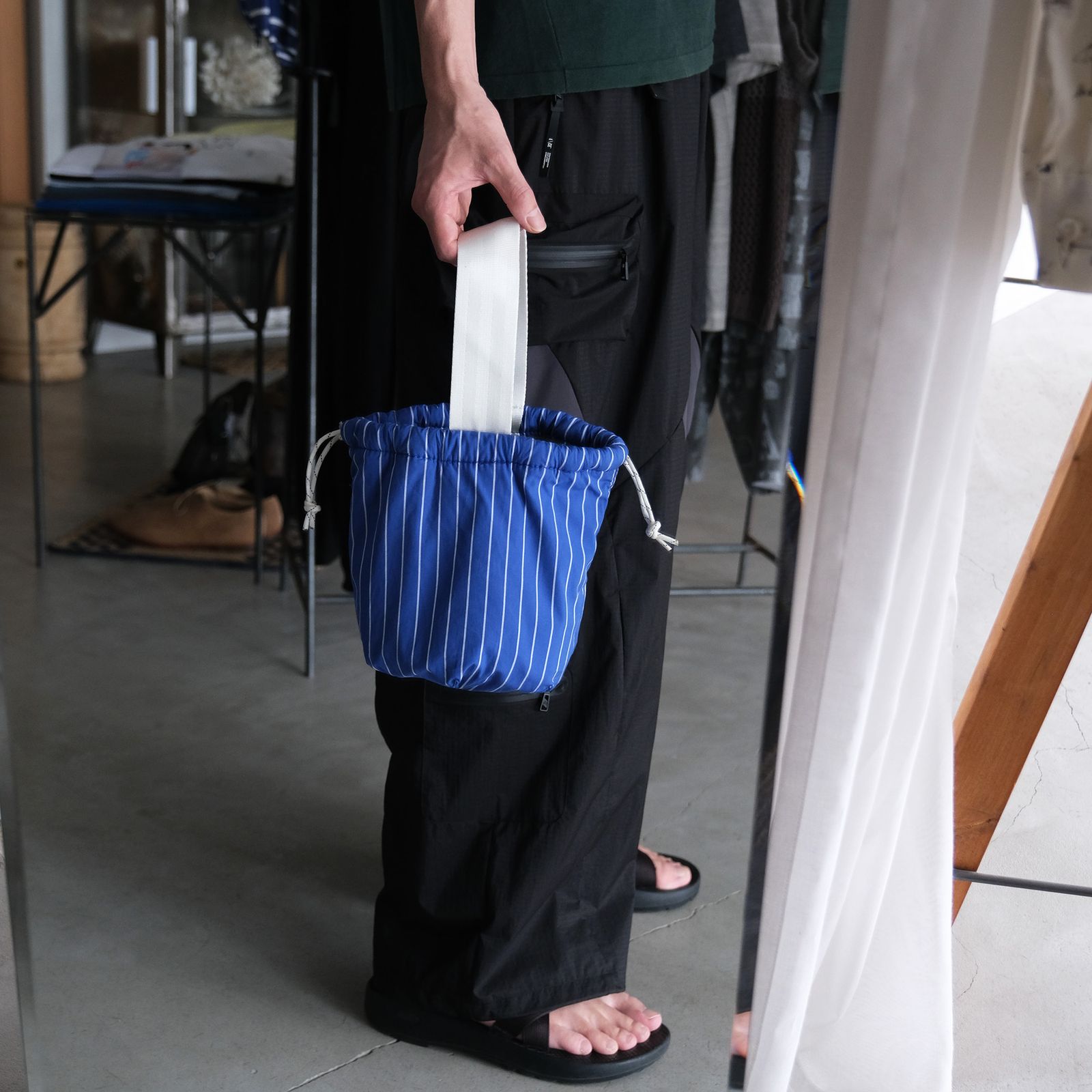 Shirt Fabric Drawstring Bag -バッグ-（Blue Pencil Stripe /ブルーペンシルストライプ）