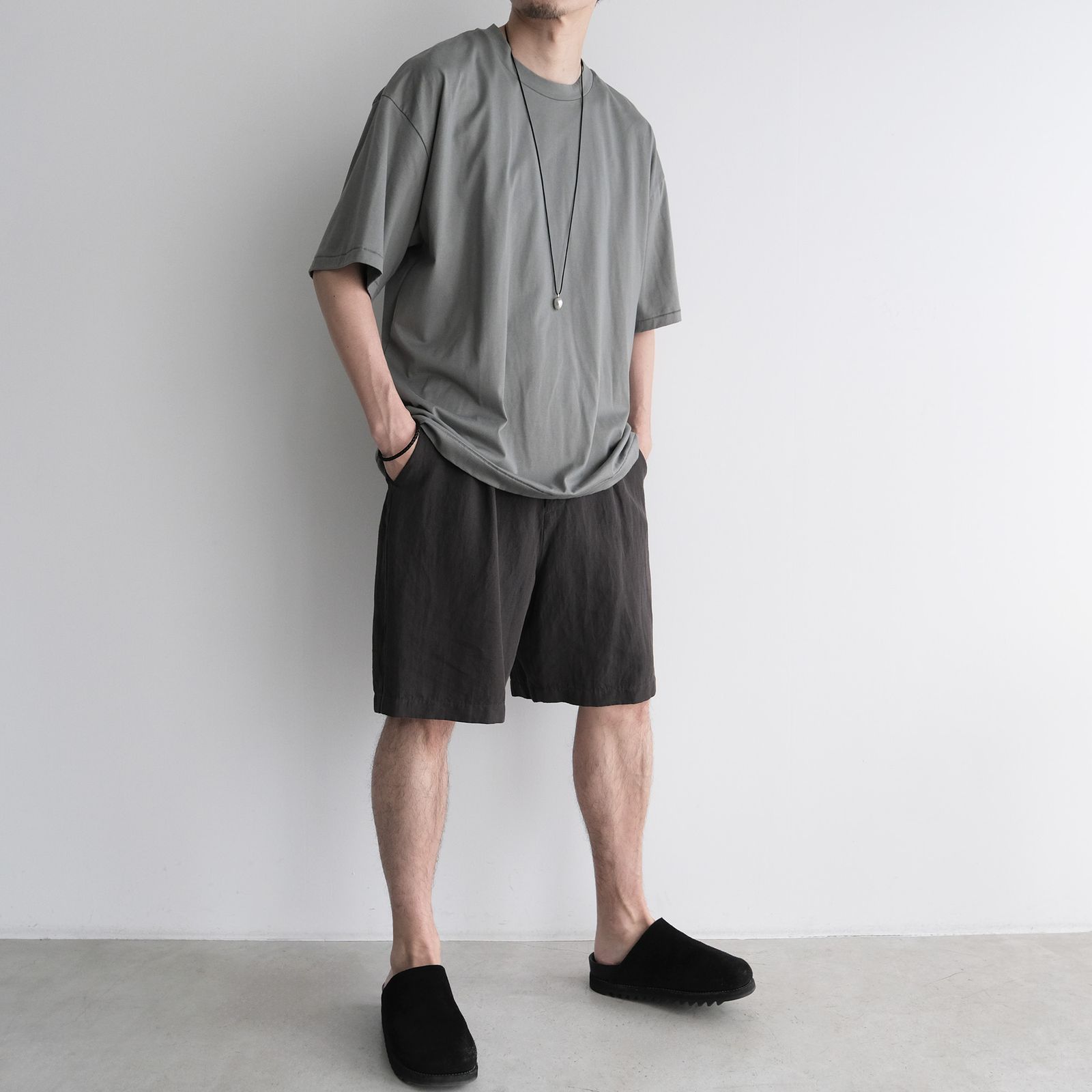 Cotton Linen Voile Loose Fit Shorts -パンツ-（Charcoal Gray / チャコールグレー）