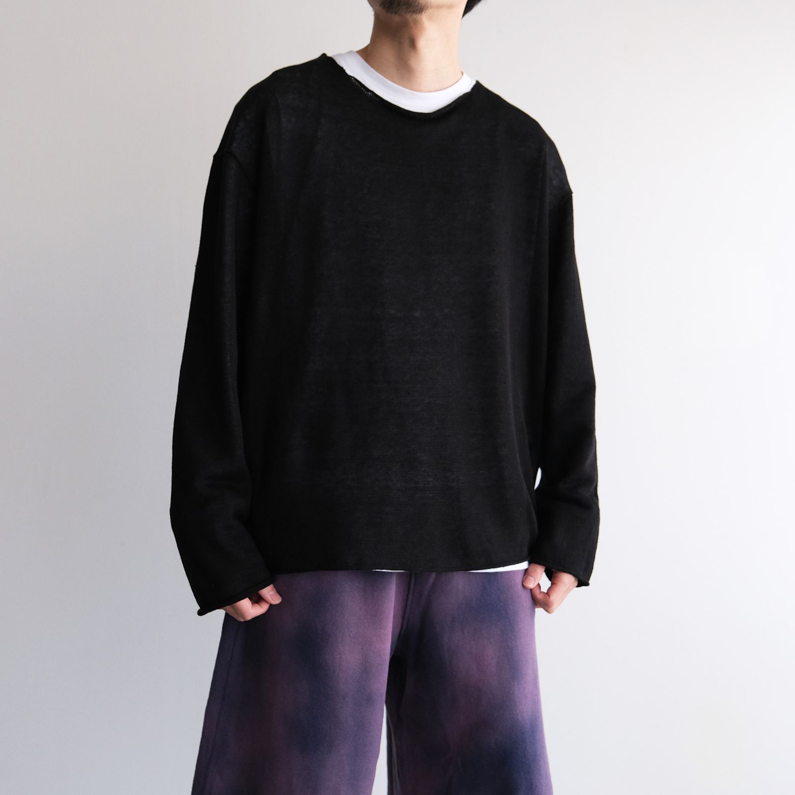 Linen Over Size Pull Over -ニット-（Black / ブラック）