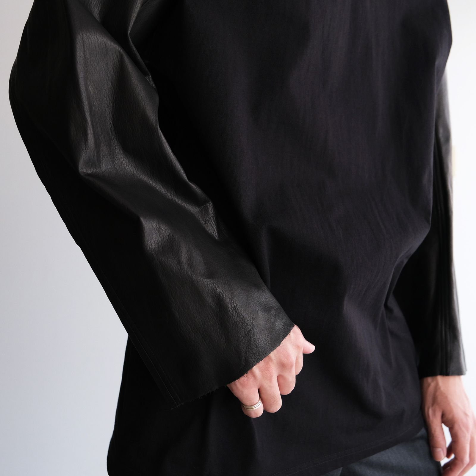 Washable Leather Sleeve：L/S T-Shirts -Tシャツ（Black / ブラック）