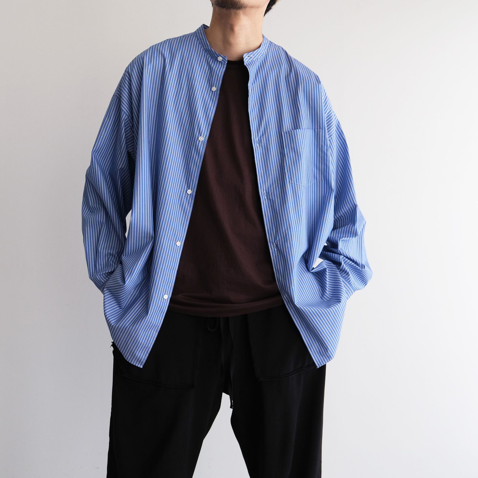 Sidogras L/S Oversized Band Collar Shirt -シャツ-（Blue Stripe / ブルーストライプ）