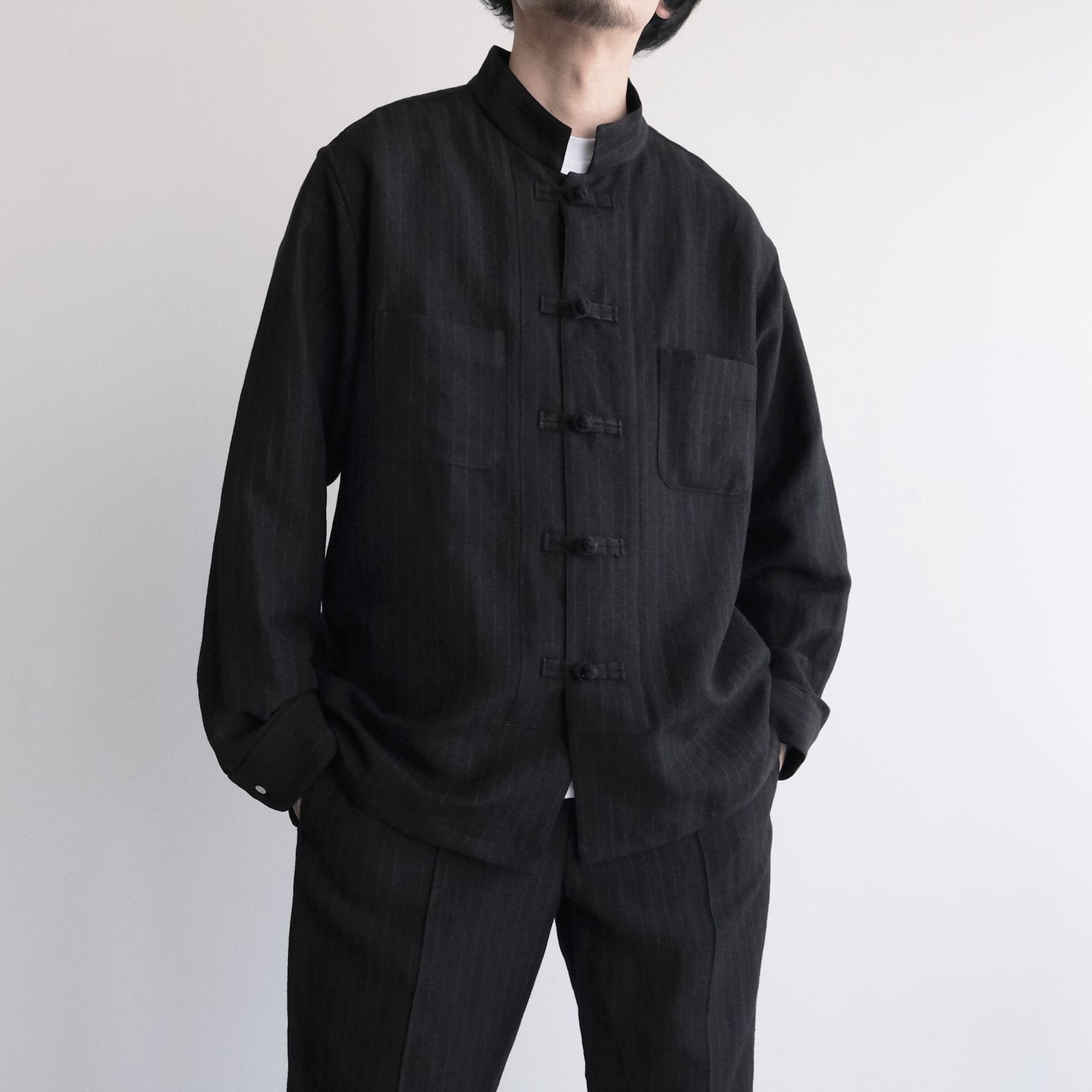 Pin-stripe Double Button Shirt -シャツ-（Black / ブラック）