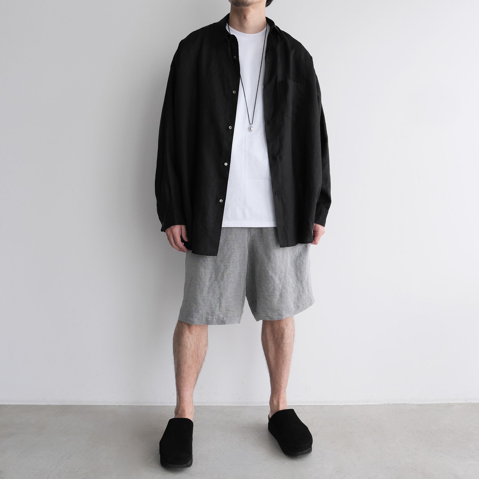 Linen L/S Oversized Regular Collar Shirt -シャツ-（Black / ブラック）GM262-50039B