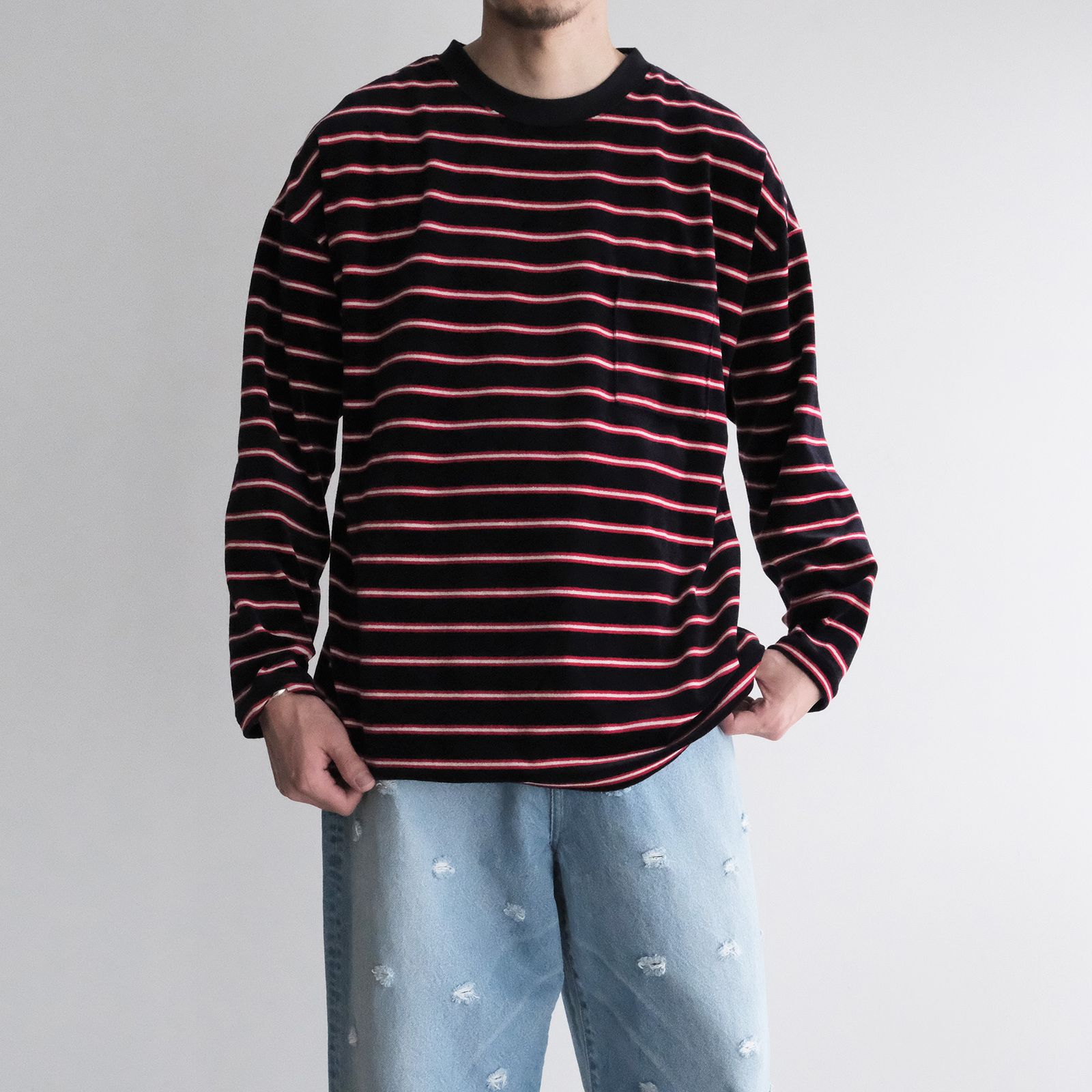 Velvet Border Long Sleeve Tee -Tシャツ-（Navy×Red / ネイビー×レッド）