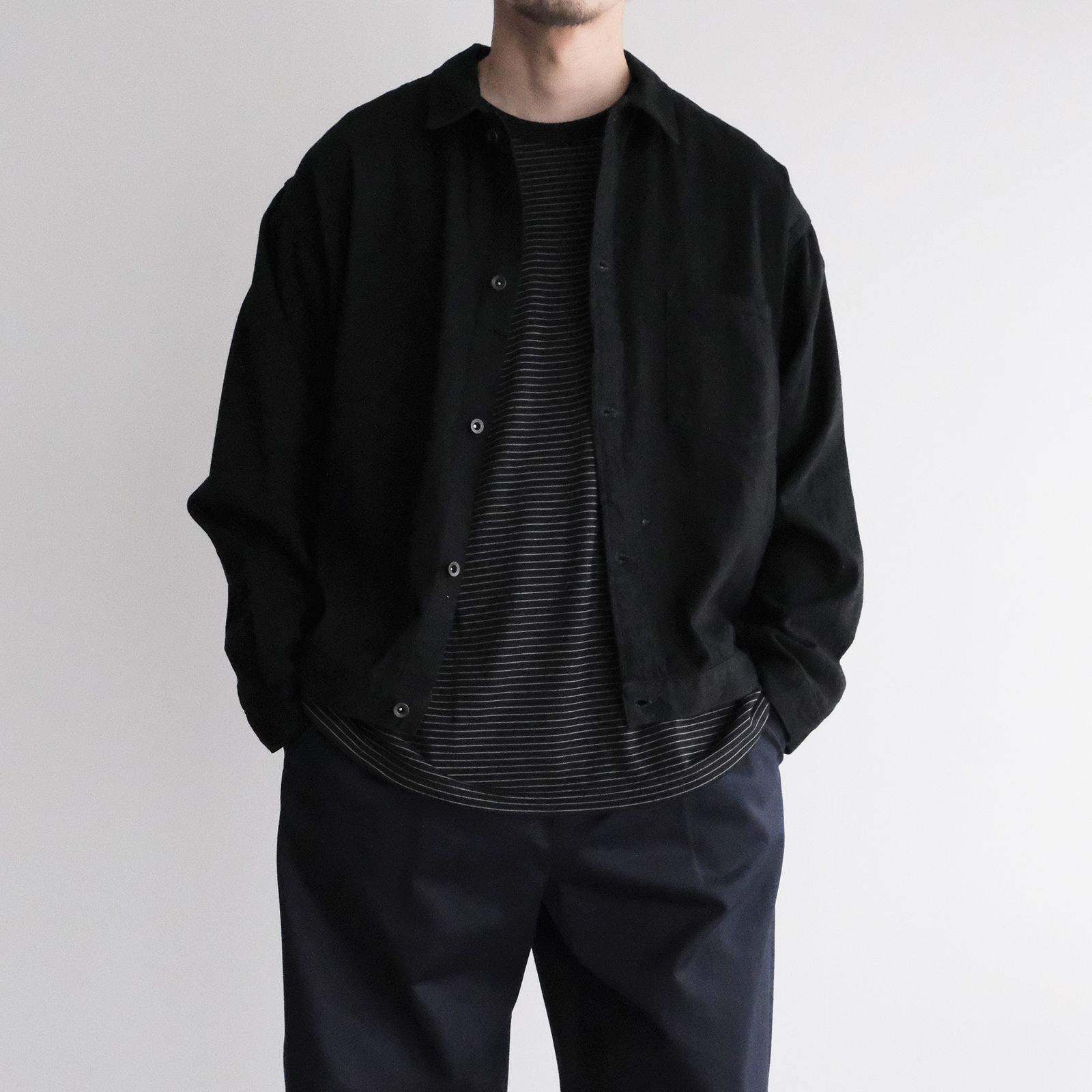 Fine Wool Border L/S Crew Neck Tee -Tシャツ-（Black×Gray / ブラック×グレー）GU263-70158B