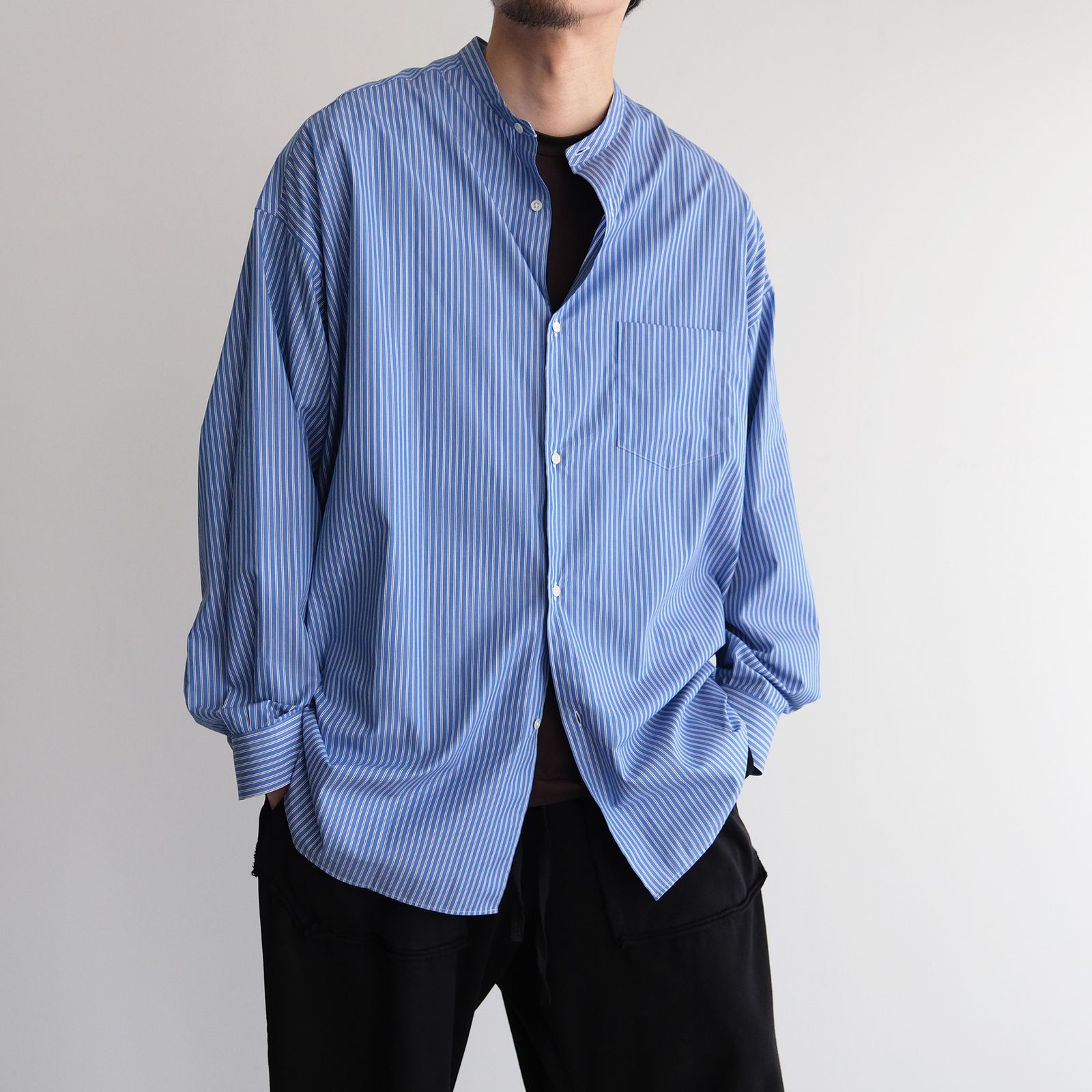 Sidogras L/S Oversized Band Collar Shirt -シャツ-（Blue Stripe / ブルーストライプ）