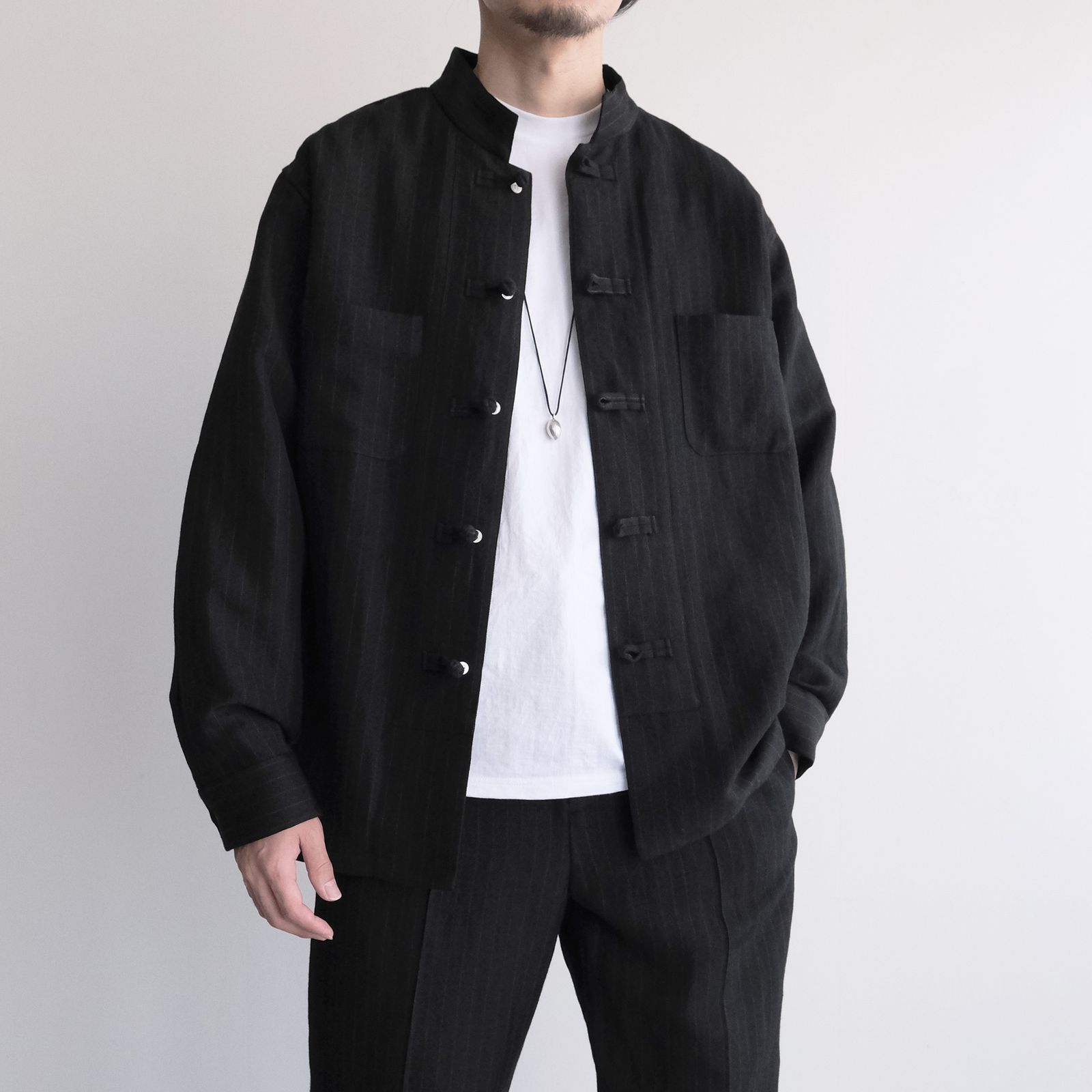 Pin-stripe Double Button Shirt -シャツ-（Black / ブラック）