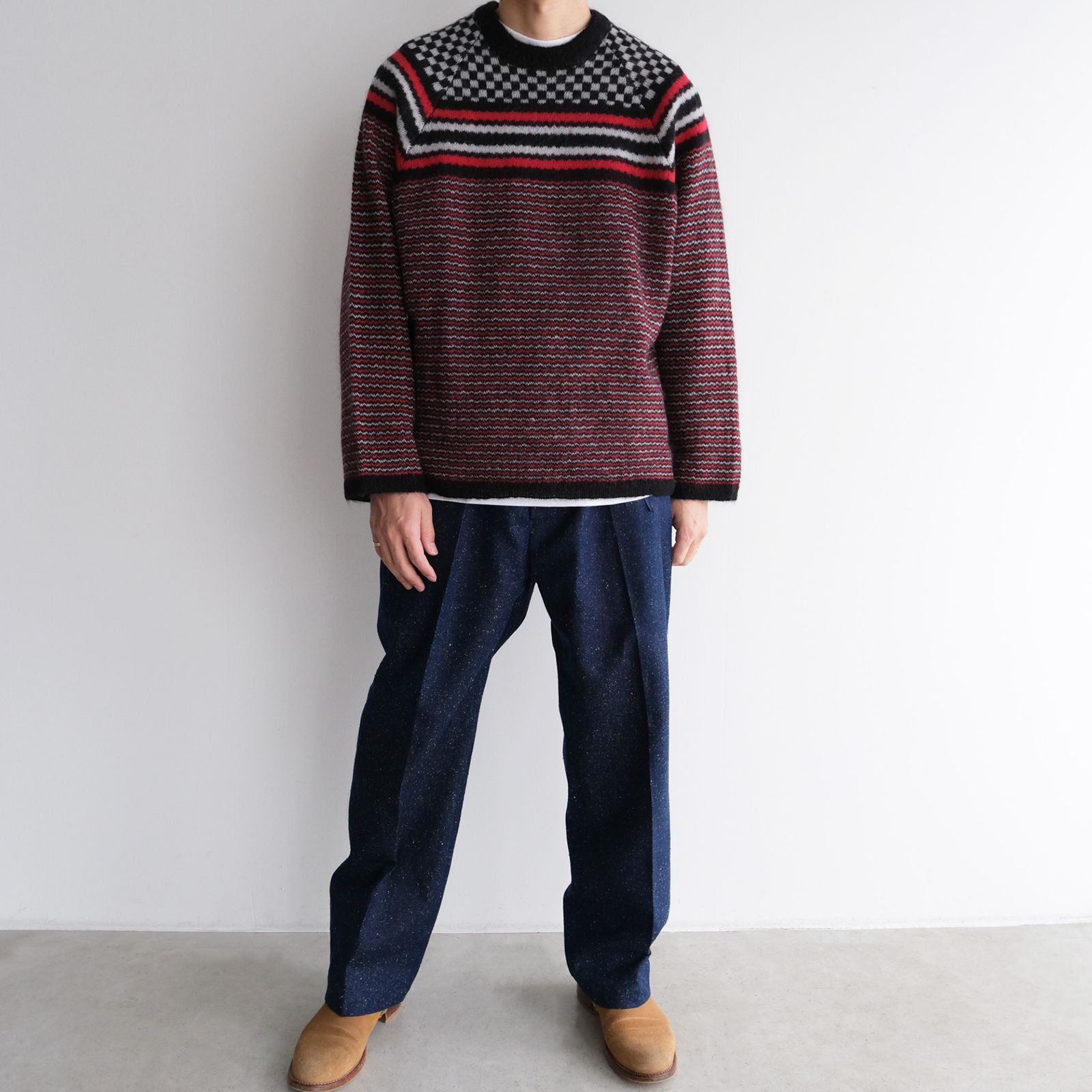 Checker & Stripe Sweater -ニット-（Red / レッド）