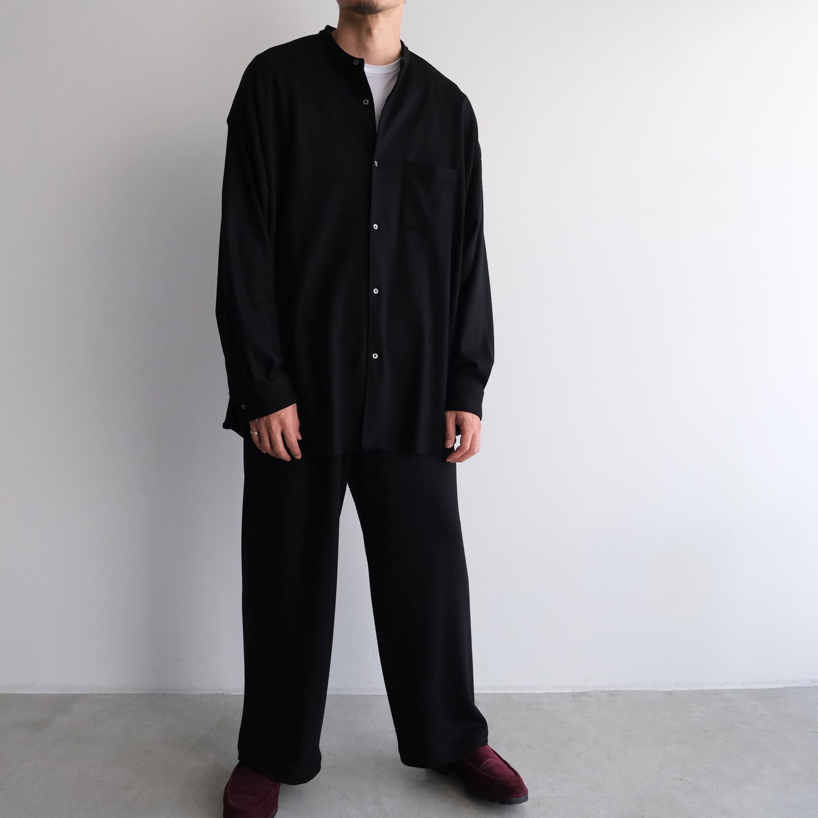 Wool Smooth Flannel Oversized Band Collar Shirt -オーバーサイズシャツ-（Black / ブラック）GU253-50222B