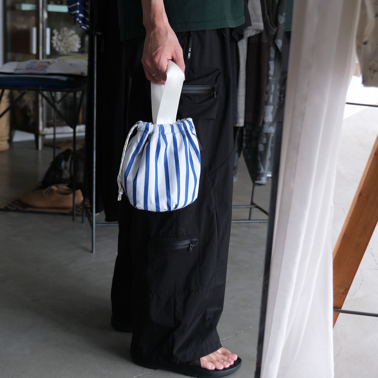 Shirt Fabric Drawstring Bag -バッグ-（White Stripe /ホワイトストライプ）
