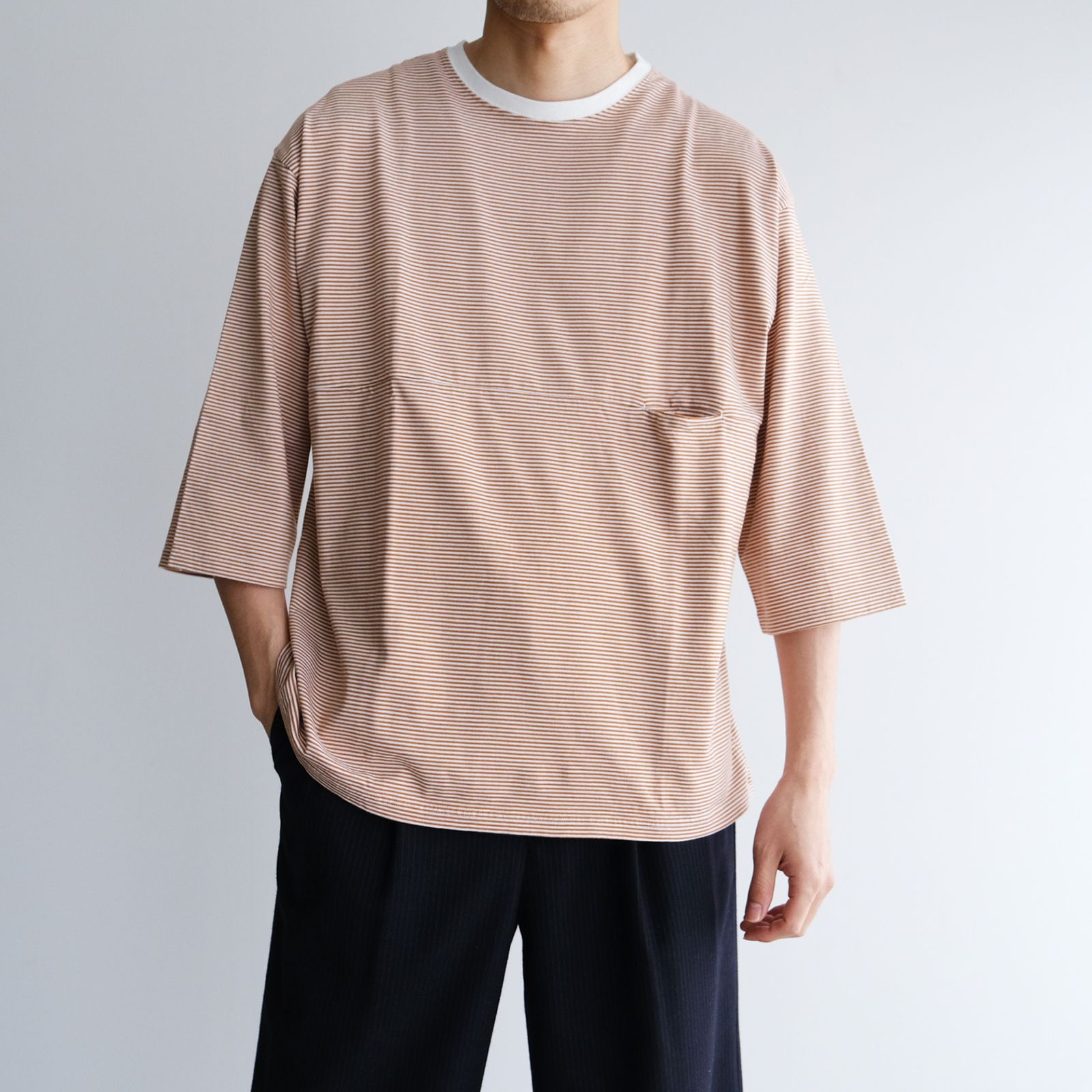 Yururi Tee Border 3/4 -Tシャツ-（Beige×White / ベージュ×ホワイト）
