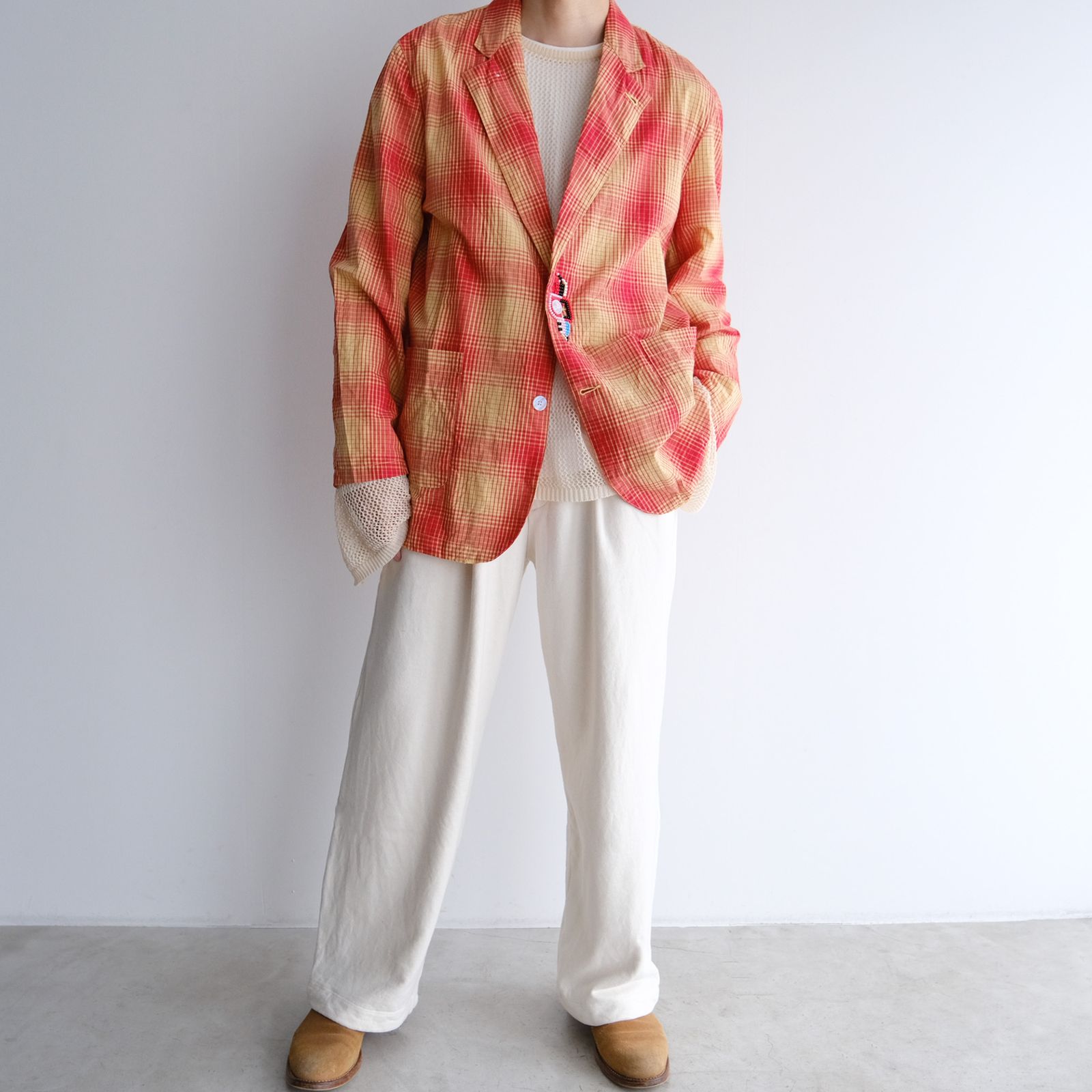 Ombre Plaid Jacket With Beading -ジャケット-（Red×Off / レッド×オフ）