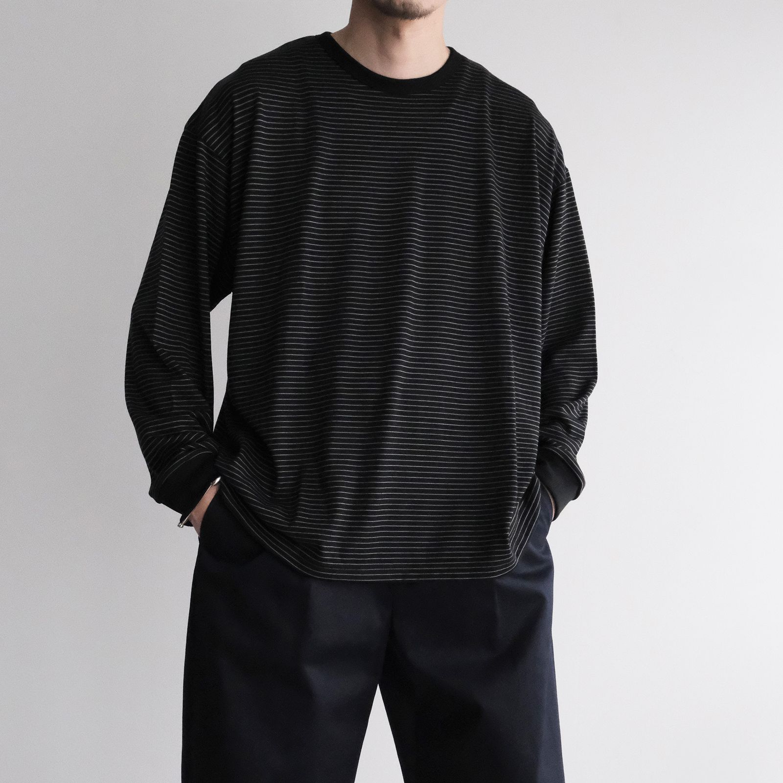 Fine Wool Border L/S Crew Neck Tee -Tシャツ-（Black×Gray / ブラック×グレー）GU263-70158B
