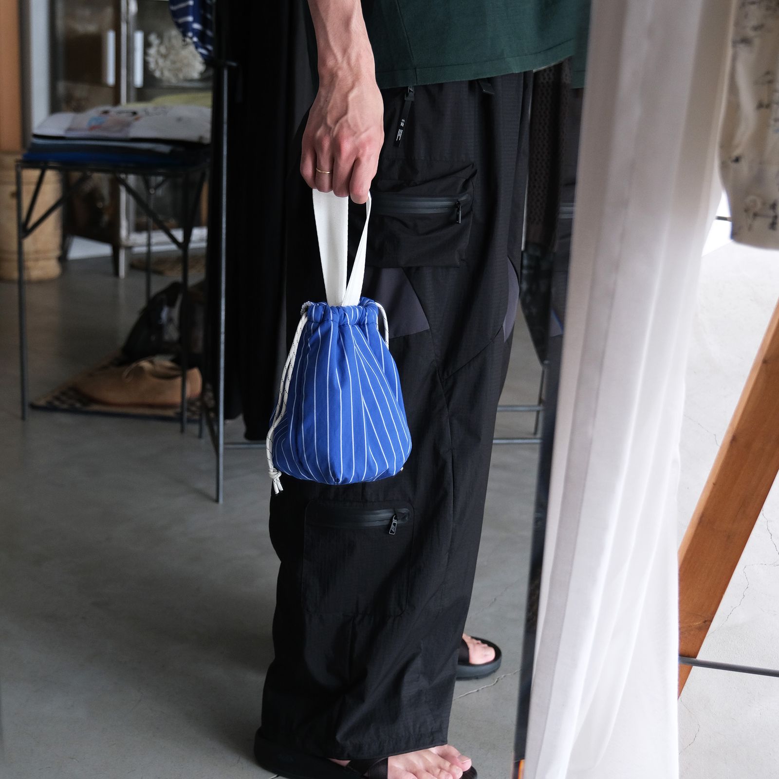 Shirt Fabric Drawstring Bag -バッグ-（Blue Pencil Stripe /ブルーペンシルストライプ）