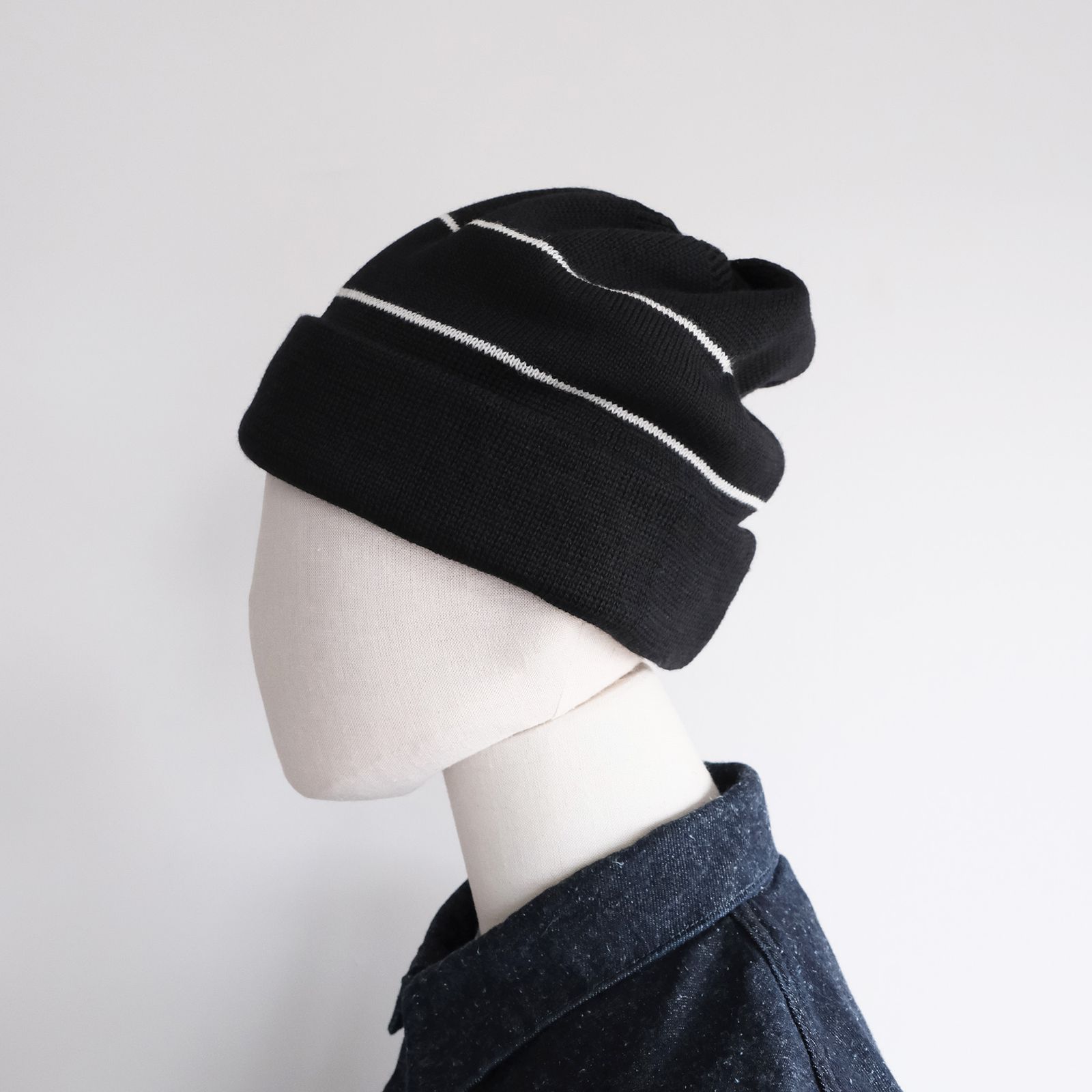 2 Line Merino Wool Knit -ニットキャップ-（Black×White / ブラック×ホワイト）