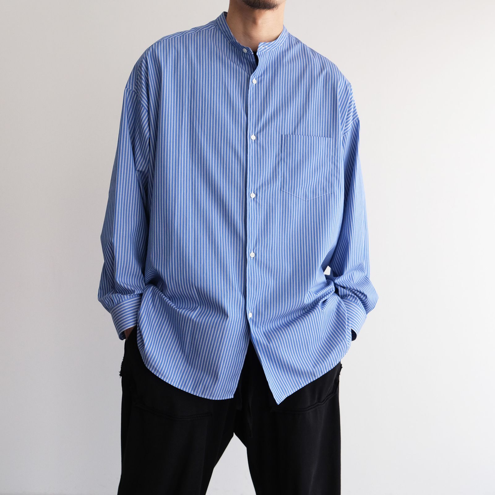 Sidogras L/S Oversized Band Collar Shirt -シャツ-（Blue Stripe / ブルーストライプ）