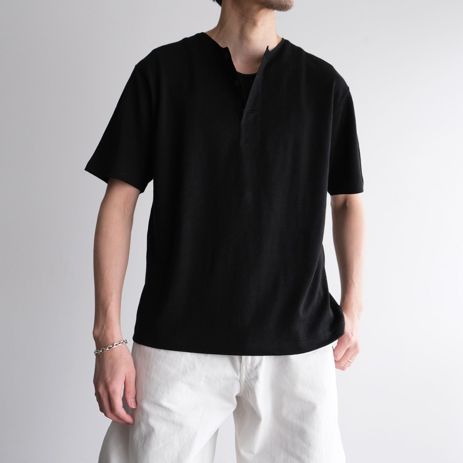 Linen 10oz Henry Neck Pullover -Tシャツ-（Black / ブラック）