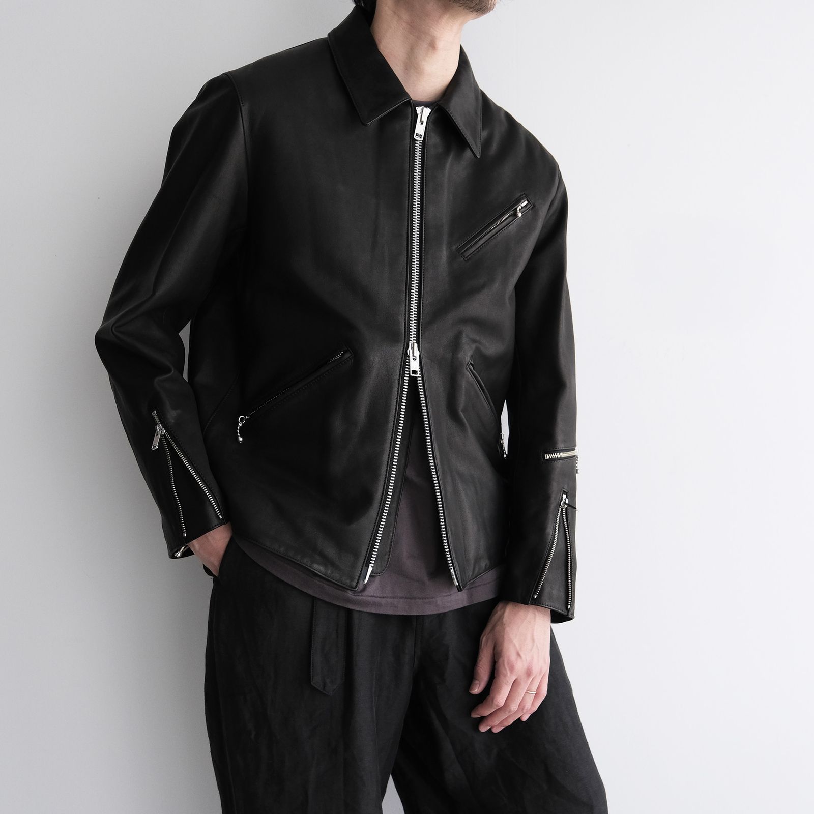 Front Zip Riders Jacket -ライダースジャケット-（Black / Lining Brown）