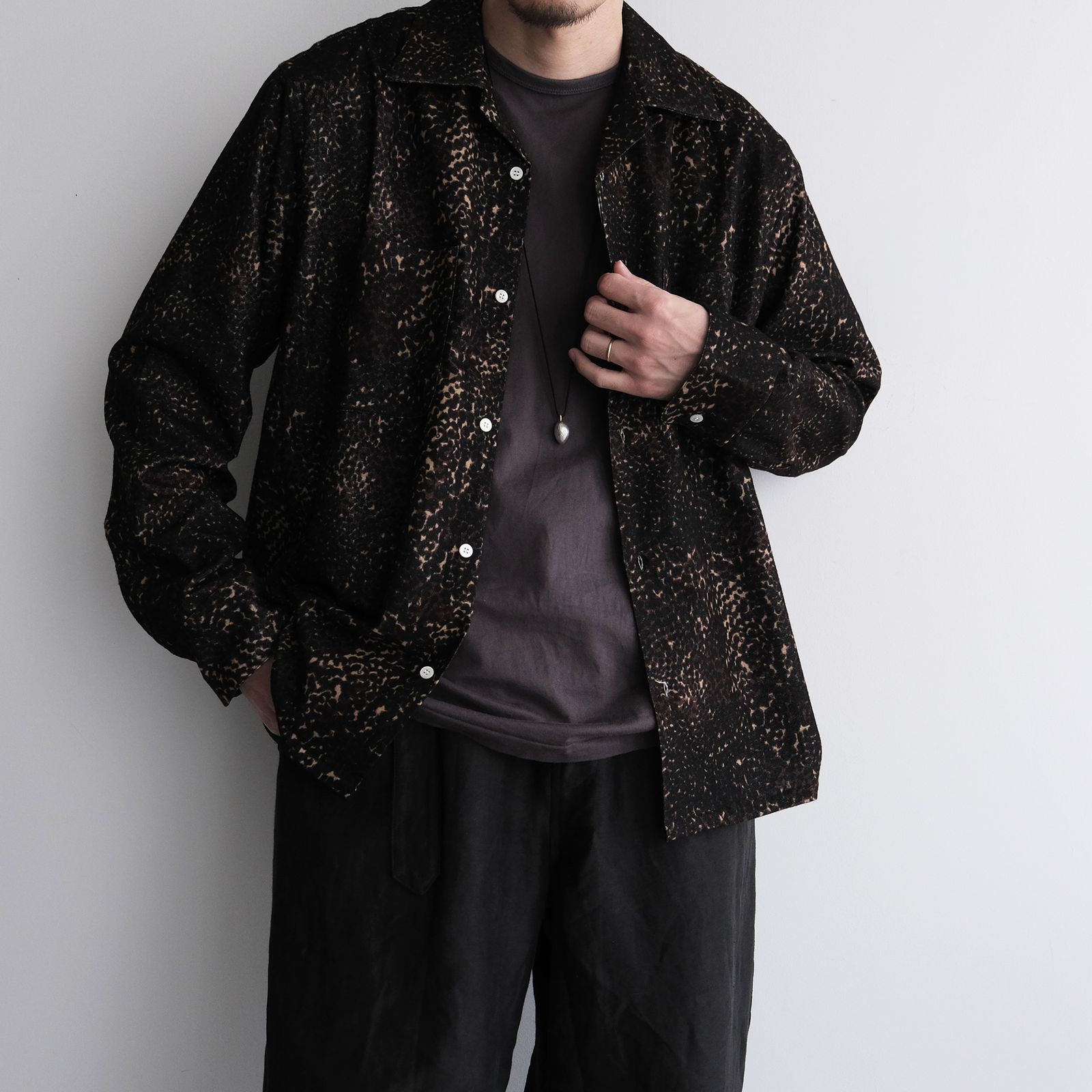 Leopard Flannel Open Collar Shirt -シャツ-（Brown / ブラウン）