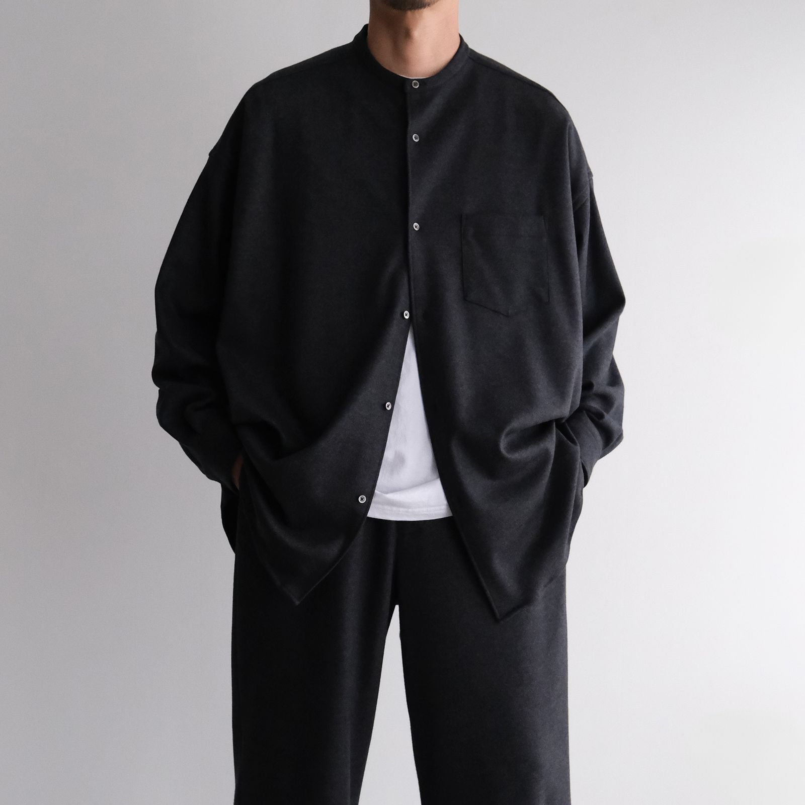 Wool Smooth Flannel Oversized Band Collar Shirt -オーバーサイズシャツ-（Gray / グレー）GU253-50222B
