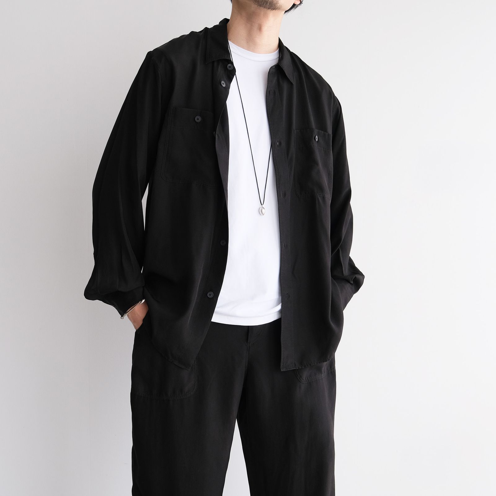 Fibril Silk Tafta Work Shirt -シャツ-（Black / ブラック）
