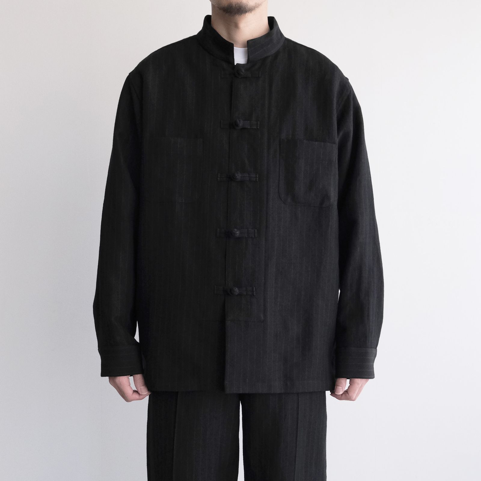 Pin-stripe Double Button Shirt -シャツ-（Black / ブラック）
