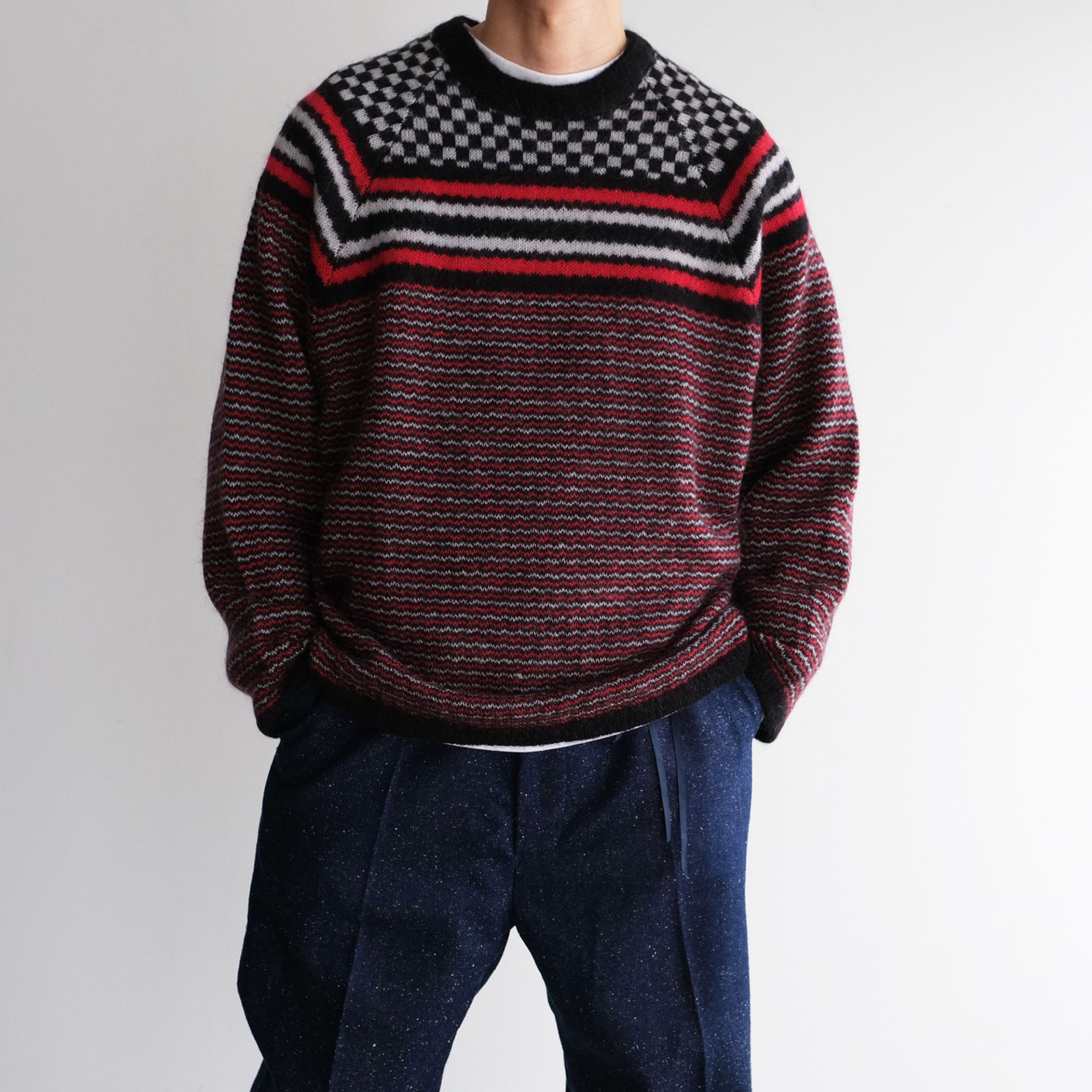 Checker & Stripe Sweater -ニット-（Red / レッド）