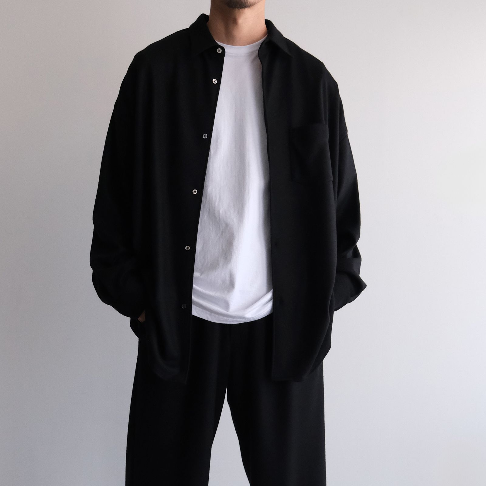 Wool Smooth Flannel Oversized Regular Collar Shirt -オーバーサイズシャツ-（Black / ブラック）GU253-50221B