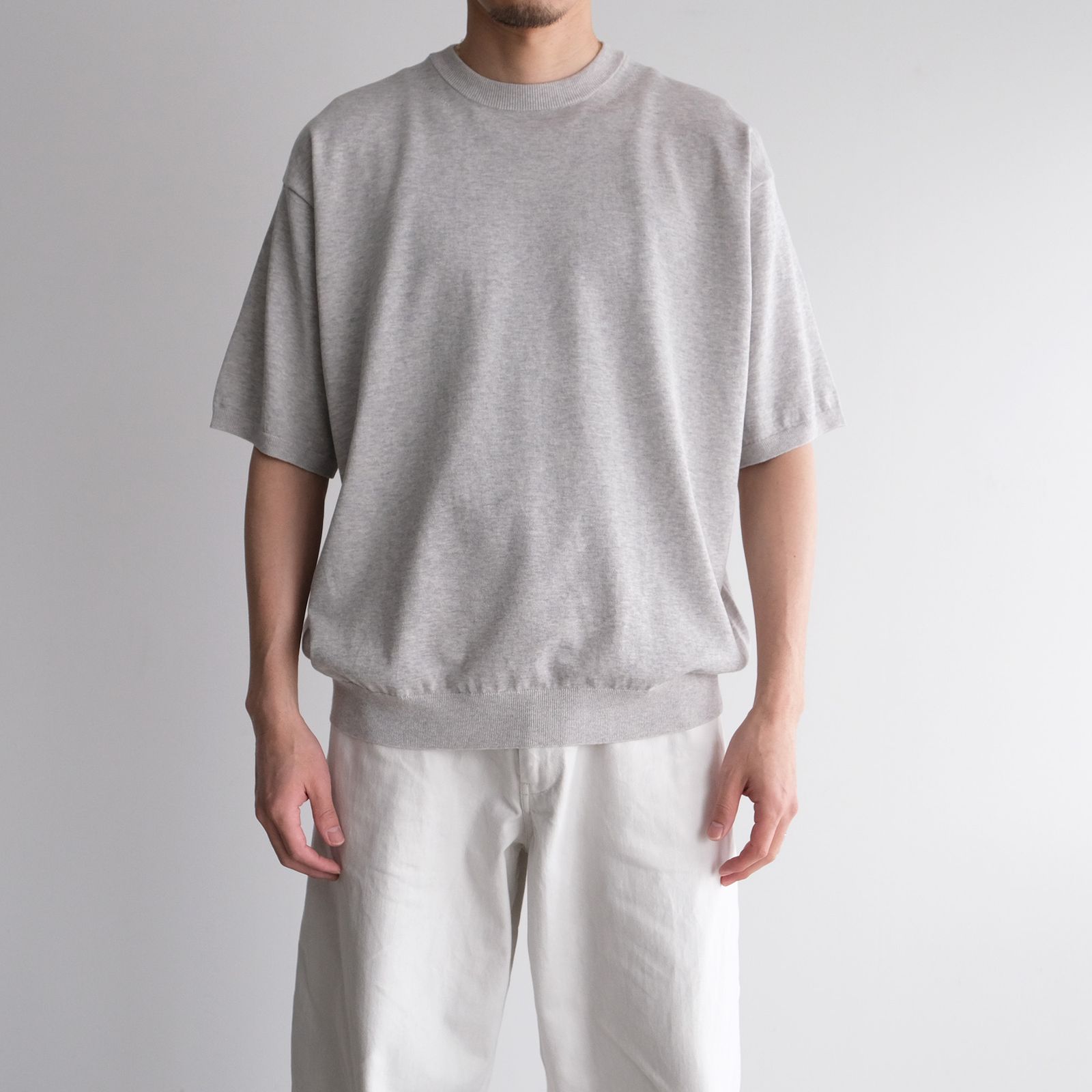 Cotton Washi Knit Half Sleeve Crew Neck Sweater -Tシャツ-（Gray / グレー）