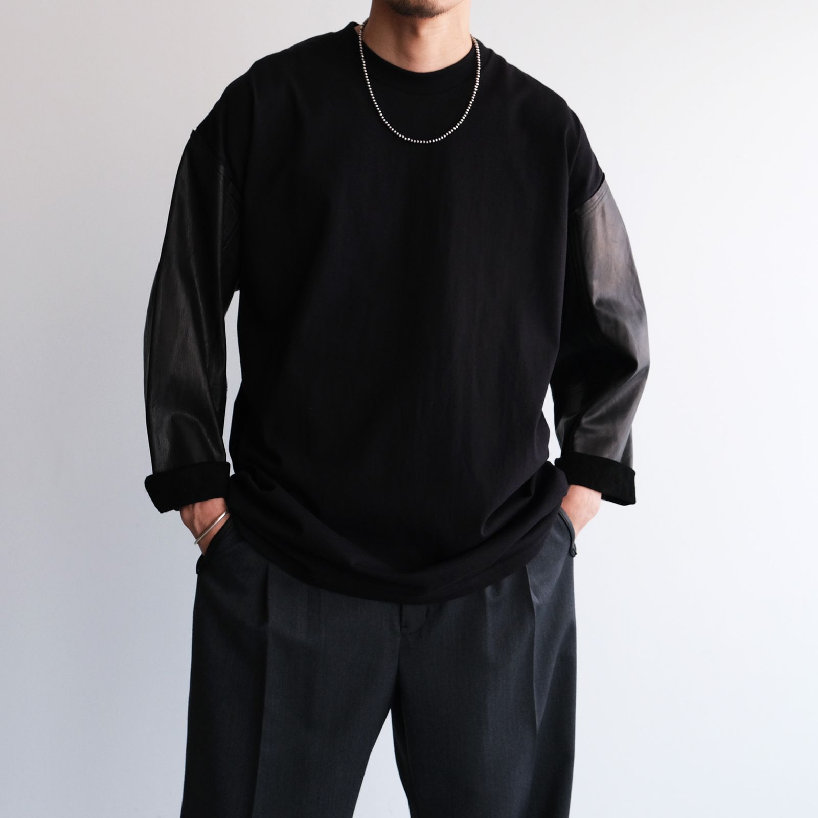 Washable Leather Sleeve：L/S T-Shirts -Tシャツ（Black / ブラック）