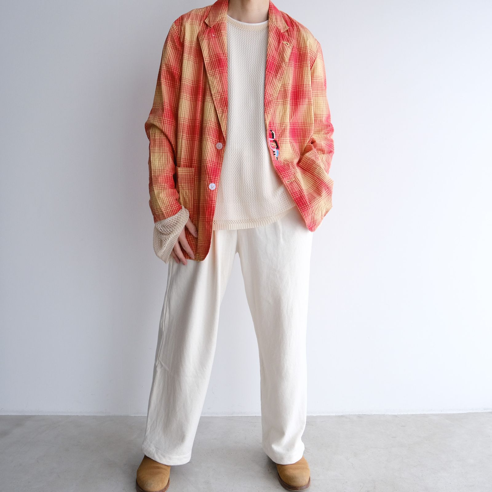 Ombre Plaid Jacket With Beading -ジャケット-（Red×Off / レッド×オフ）