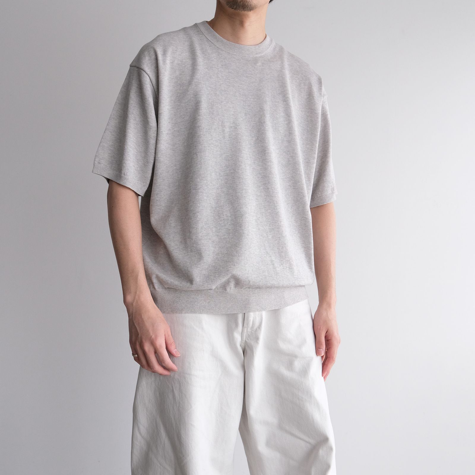 Cotton Washi Knit Half Sleeve Crew Neck Sweater -Tシャツ-（Gray / グレー）