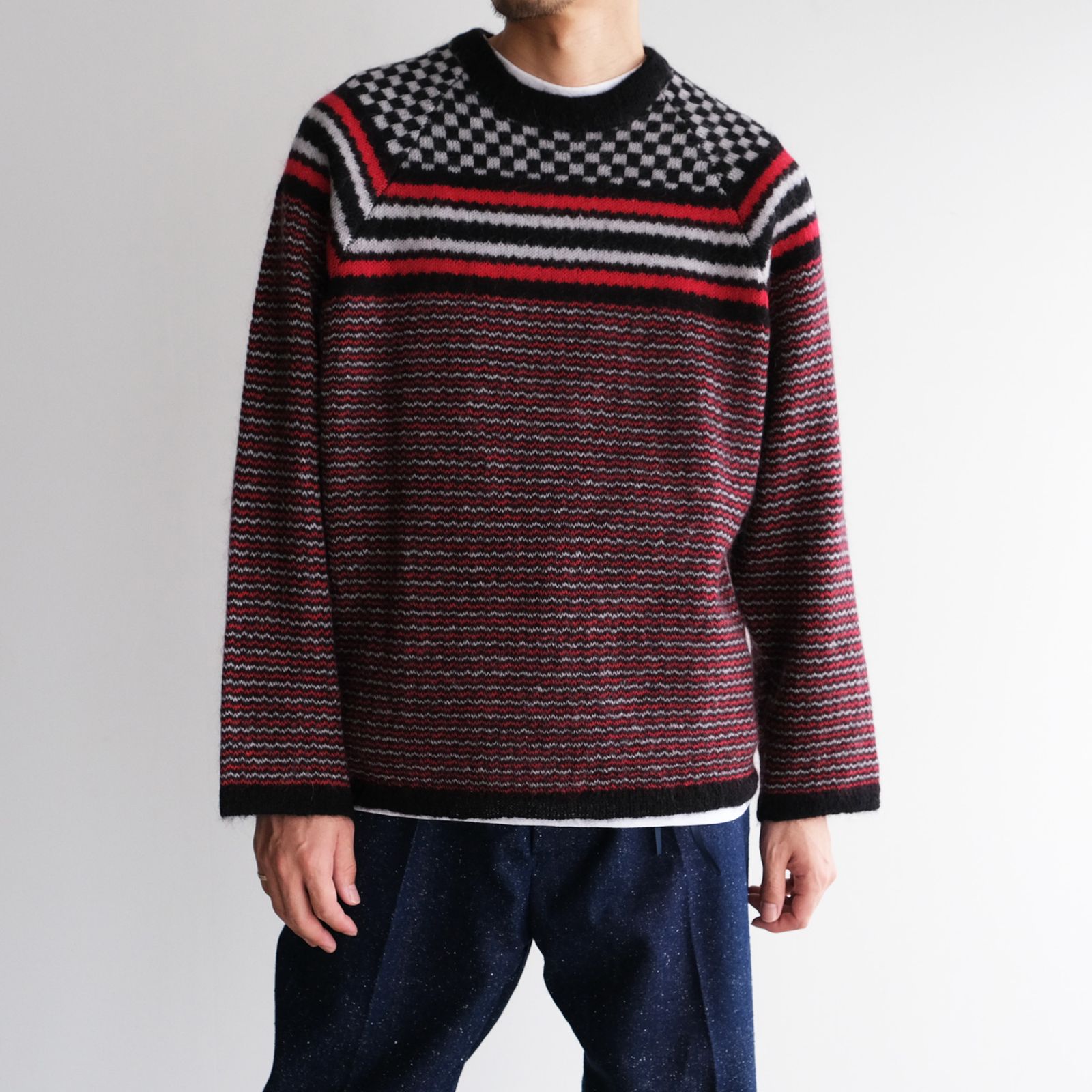 Checker & Stripe Sweater -ニット-（Red / レッド）