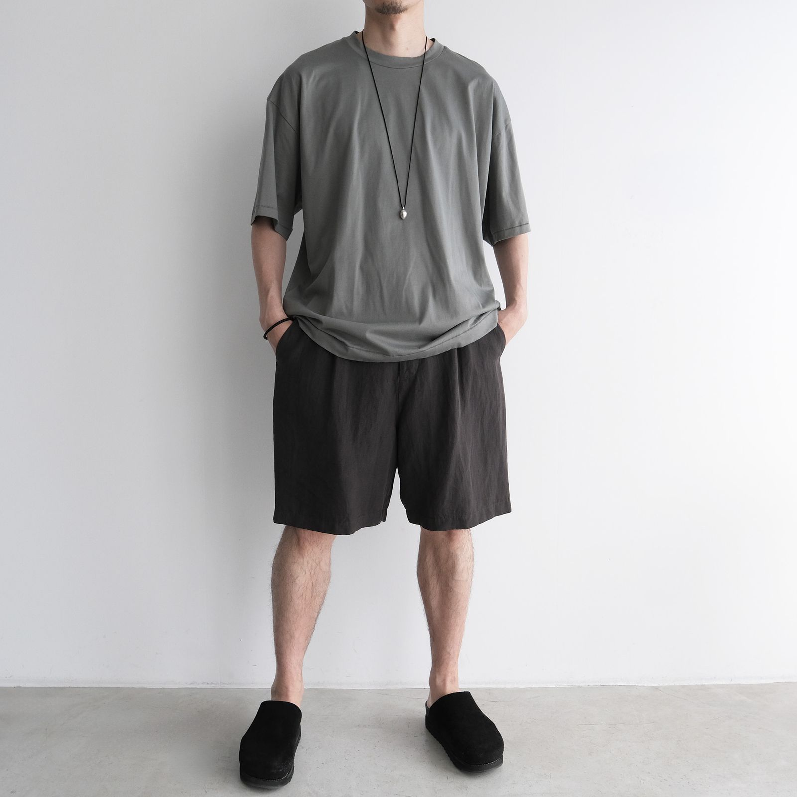 Cotton Linen Voile Loose Fit Shorts -パンツ-（Charcoal Gray / チャコールグレー）