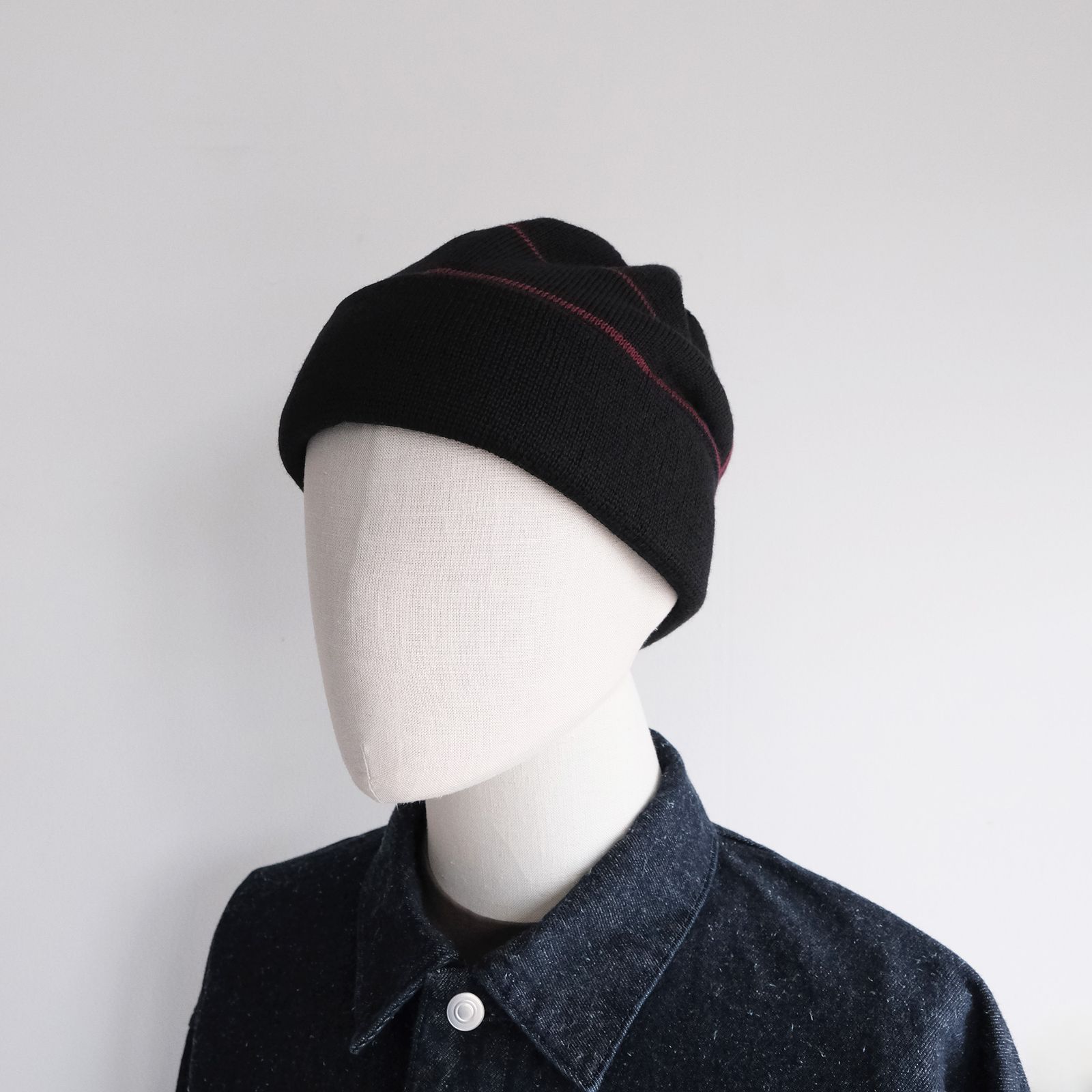 2 Line Merino Wool Knit -ニットキャップ-（Black×Wine / ブラック×ワイン）