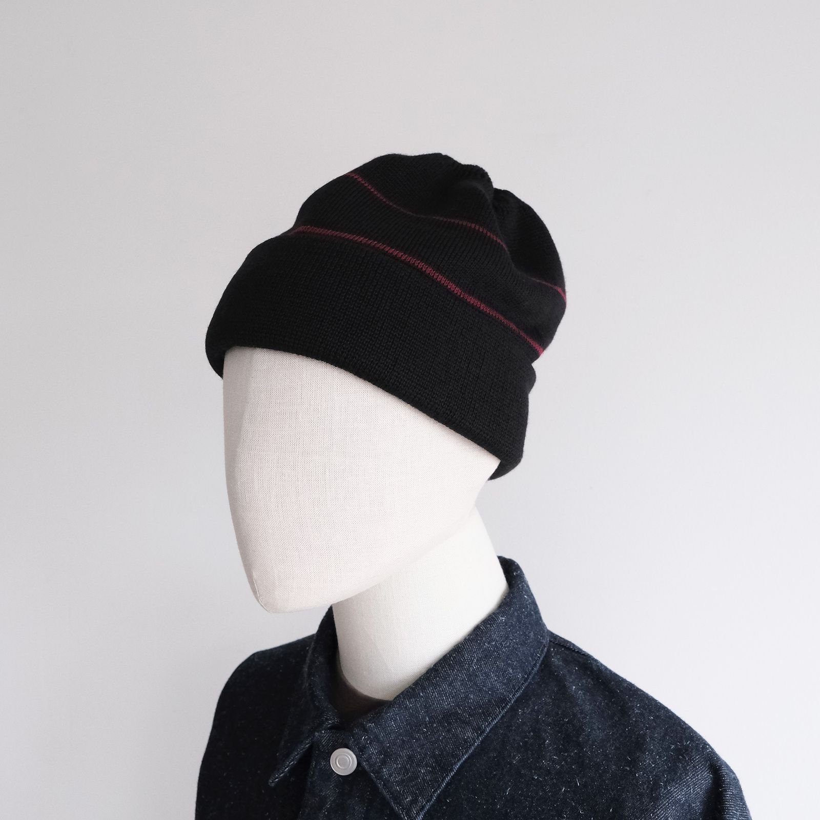 2 Line Merino Wool Knit -ニットキャップ-（Black×Wine / ブラック×ワイン）