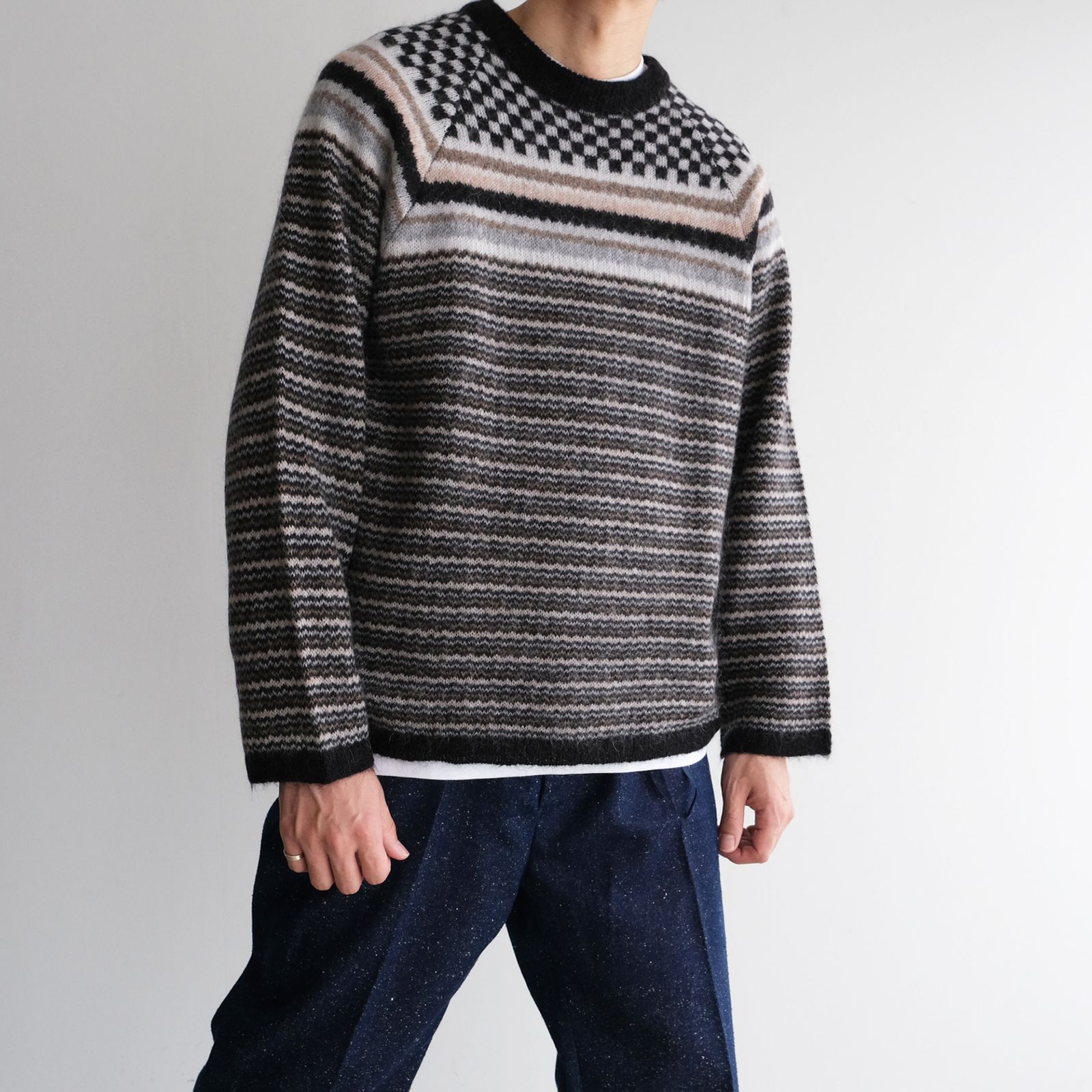 Checker & Stripe Sweater -ニット-（Black / ブラック）