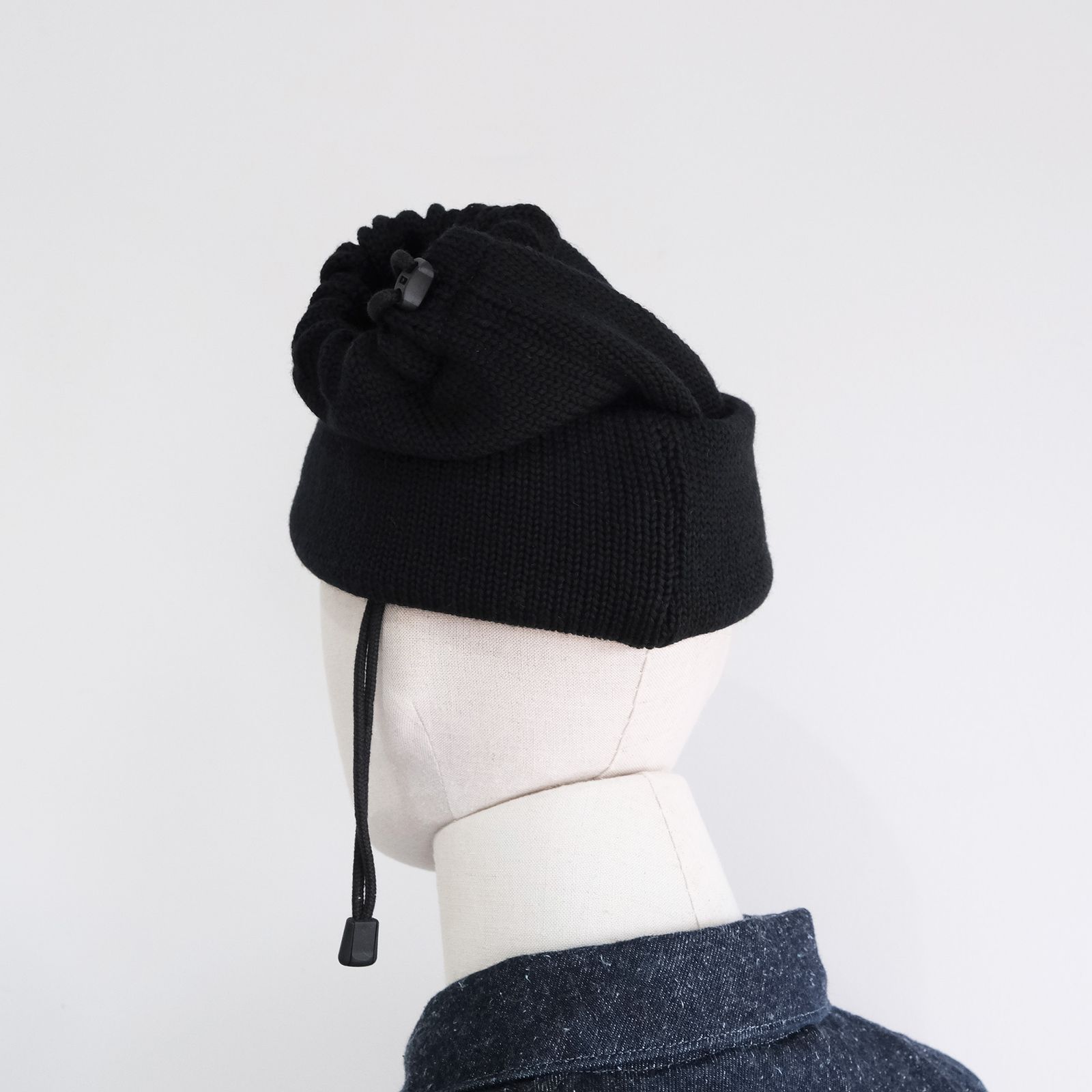 Drawstring Wool Knit & Neck Warmer -ニットキャップ-（Black / ブラック）