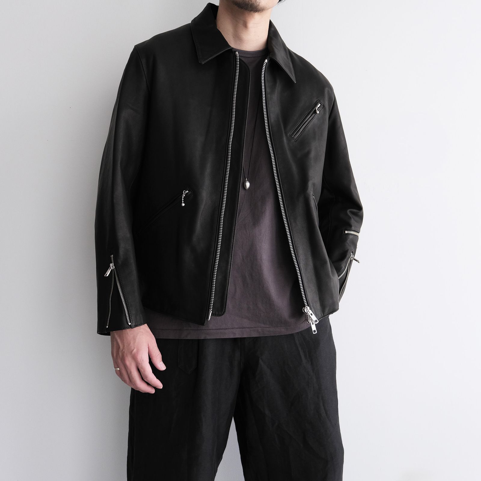 Front Zip Riders Jacket -ライダースジャケット-（Black / Lining Brown）