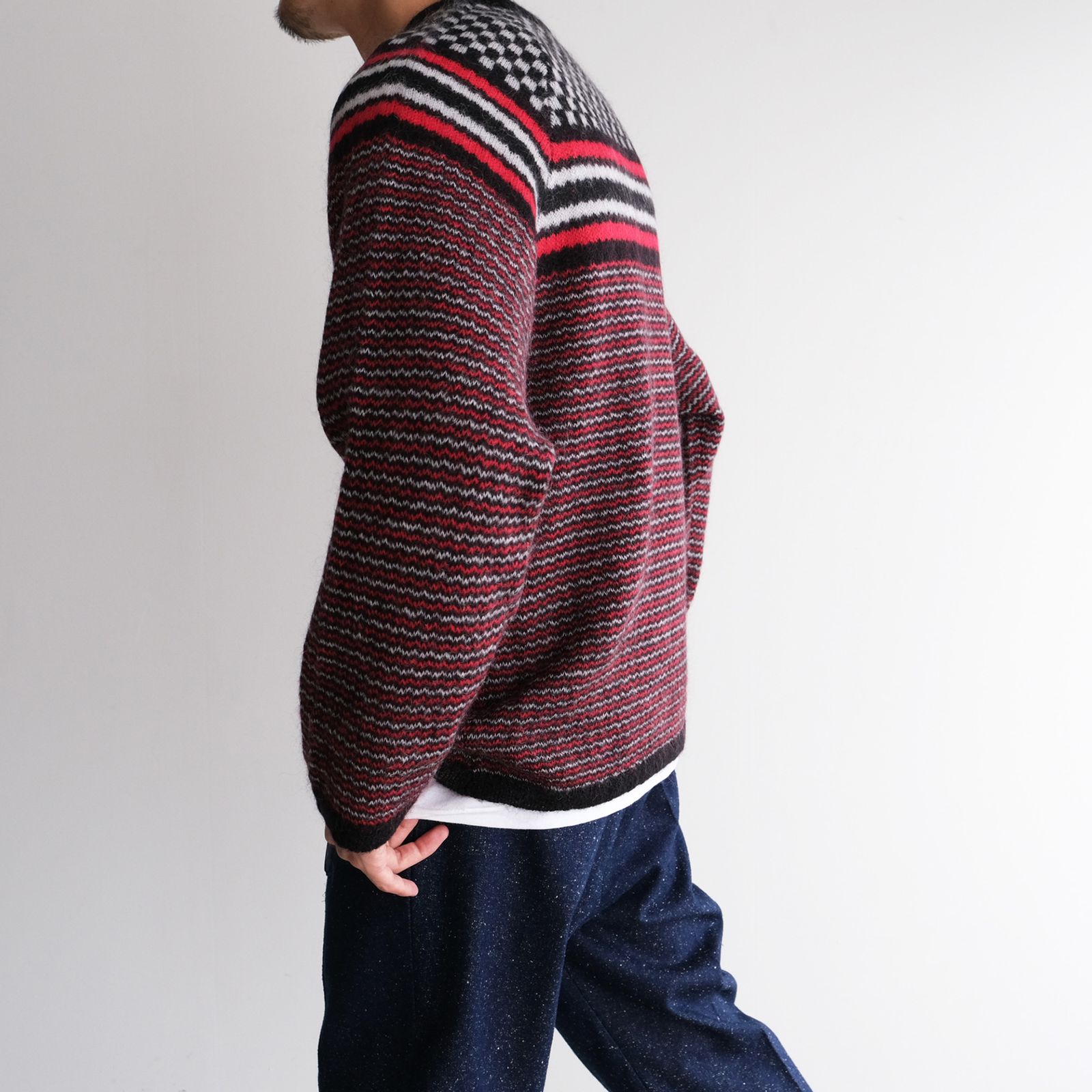 Checker & Stripe Sweater -ニット-（Red / レッド）
