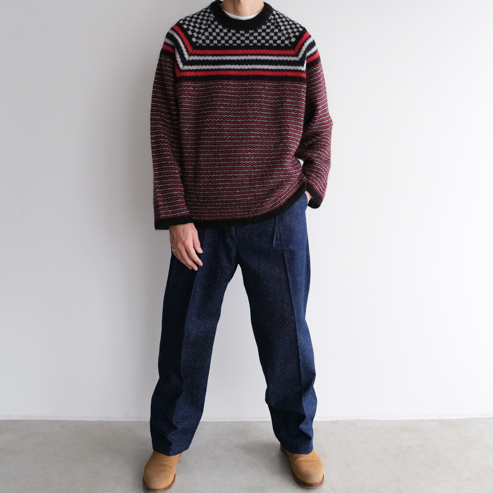 Checker & Stripe Sweater -ニット-（Red / レッド）