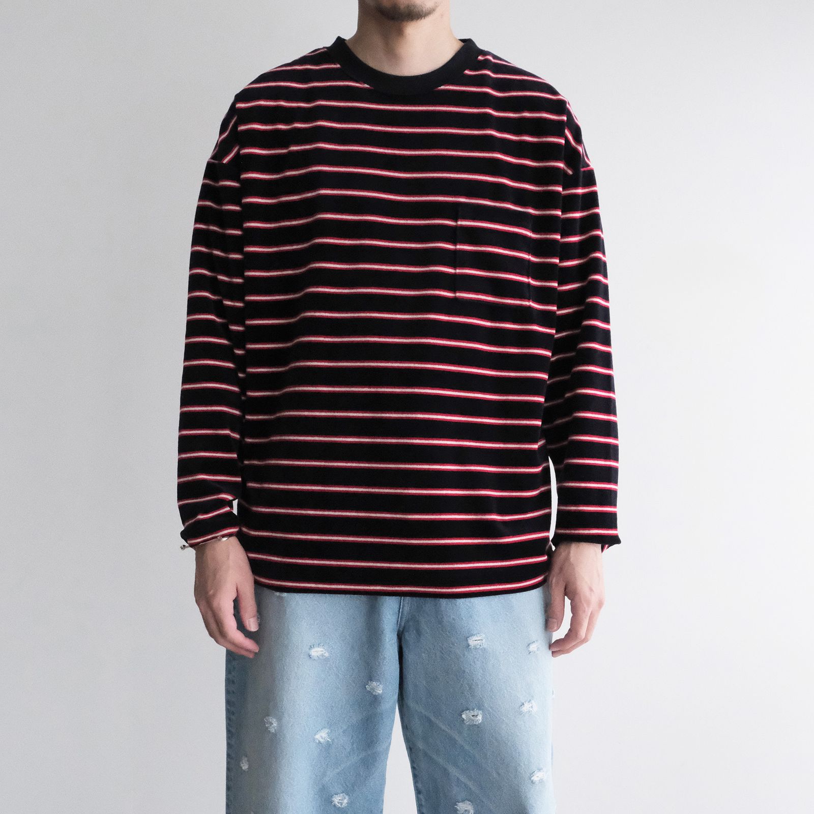 Velvet Border Long Sleeve Tee -Tシャツ-（Navy×Red / ネイビー×レッド）