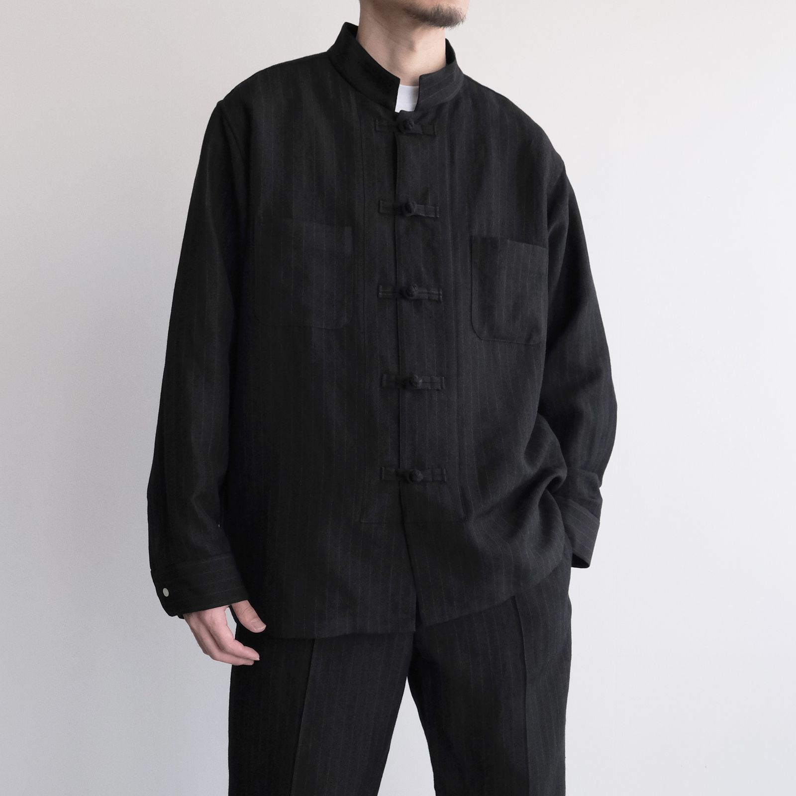Pin-stripe Double Button Shirt -シャツ-（Black / ブラック）
