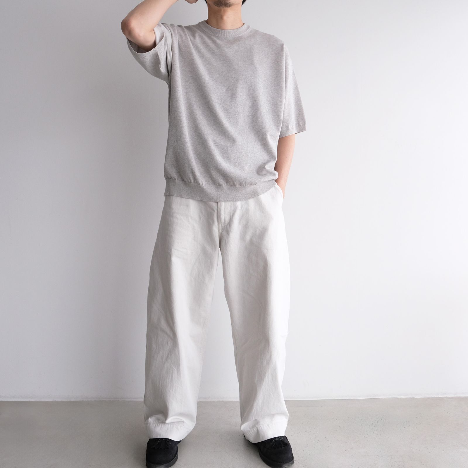 Cotton Washi Knit Half Sleeve Crew Neck Sweater -Tシャツ-（Gray / グレー）