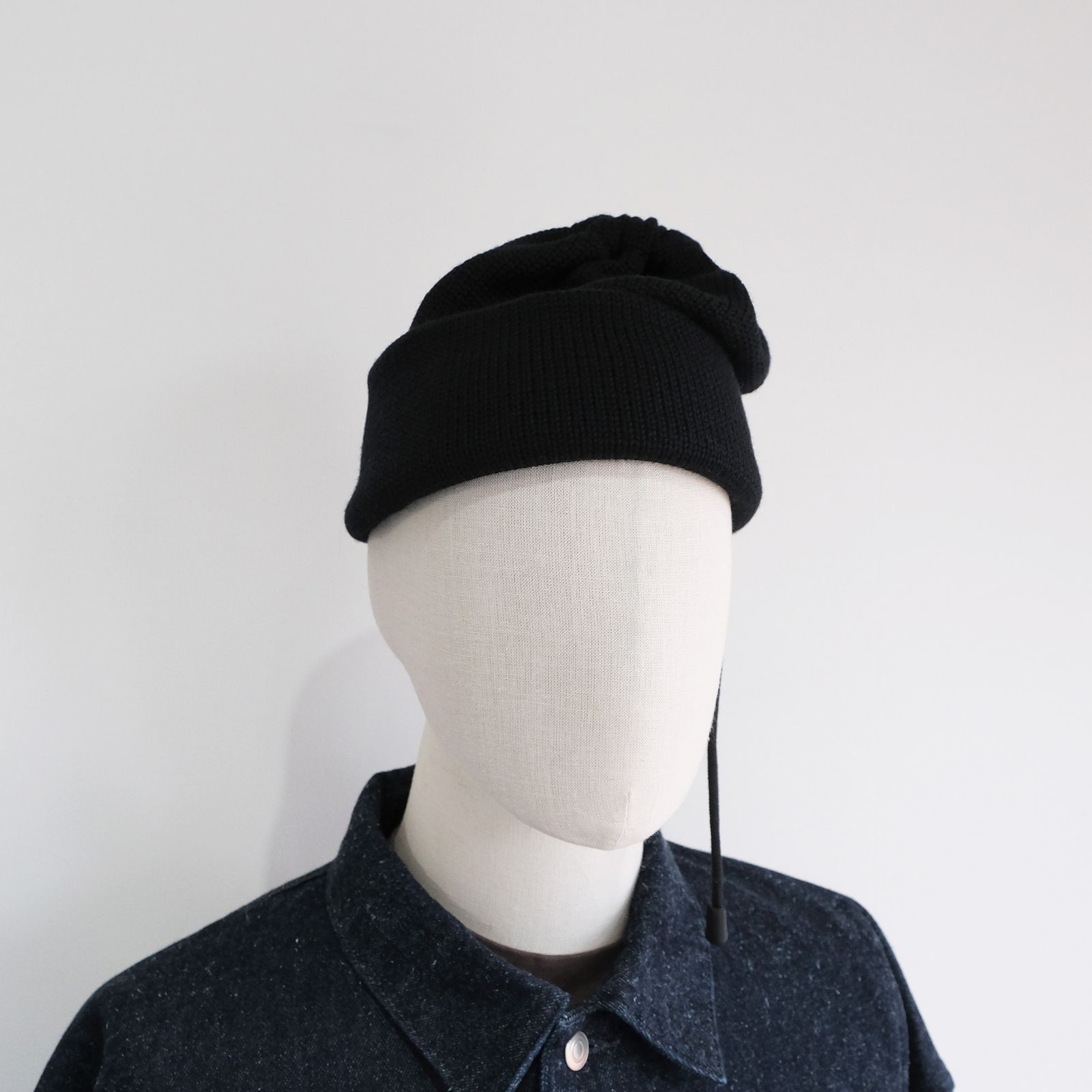 Drawstring Wool Knit & Neck Warmer -ニットキャップ-（Black / ブラック）