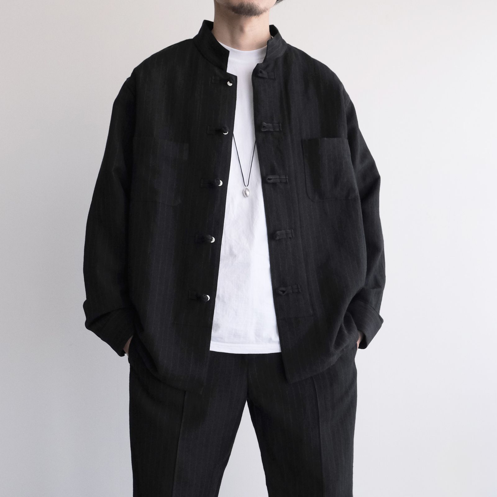 Pin-stripe Double Button Shirt -シャツ-（Black / ブラック）