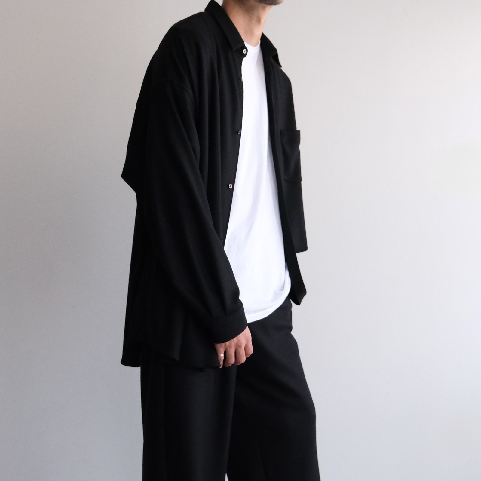 Wool Smooth Flannel Oversized Regular Collar Shirt -オーバーサイズシャツ-（Black / ブラック）GU253-50221B