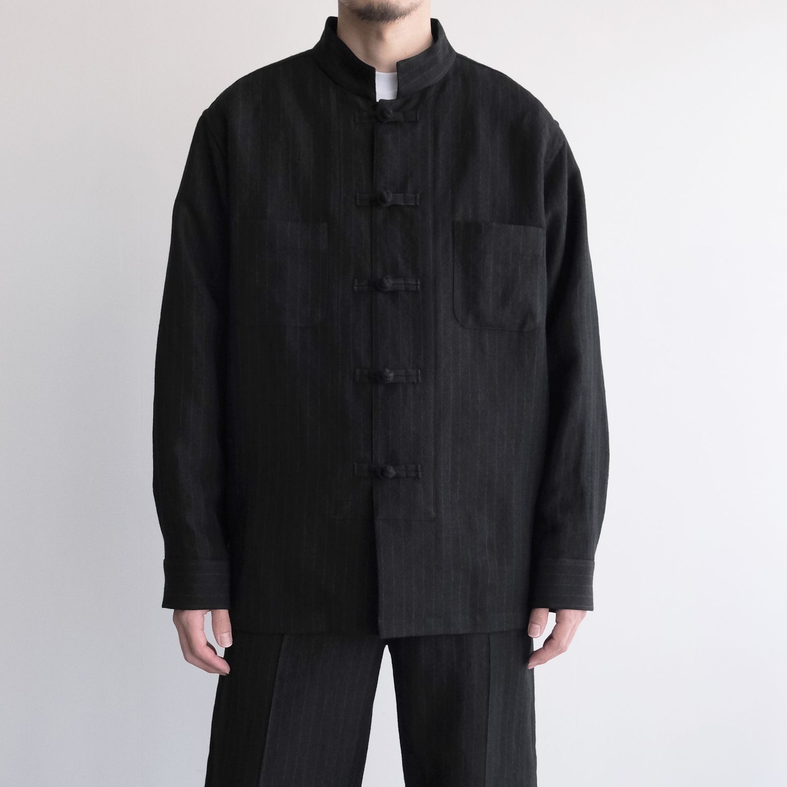 Pin-stripe Double Button Shirt -シャツ-（Black / ブラック）